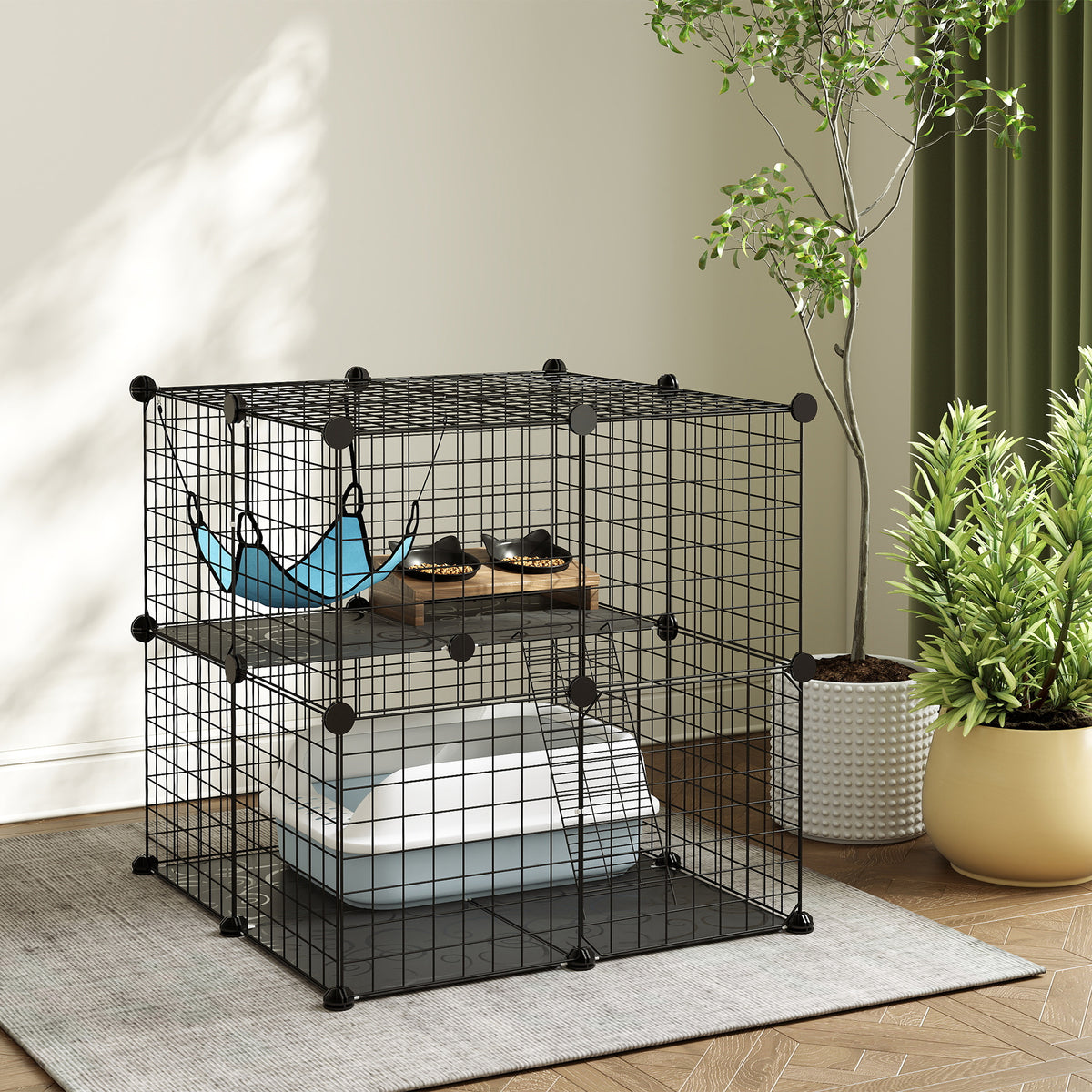 Cage Chat Intérieur Enclos Chat Modulable 2 Portes Hamac Échelle pour Petits Animaux de Compagnie 70x70x70cm Noir-1