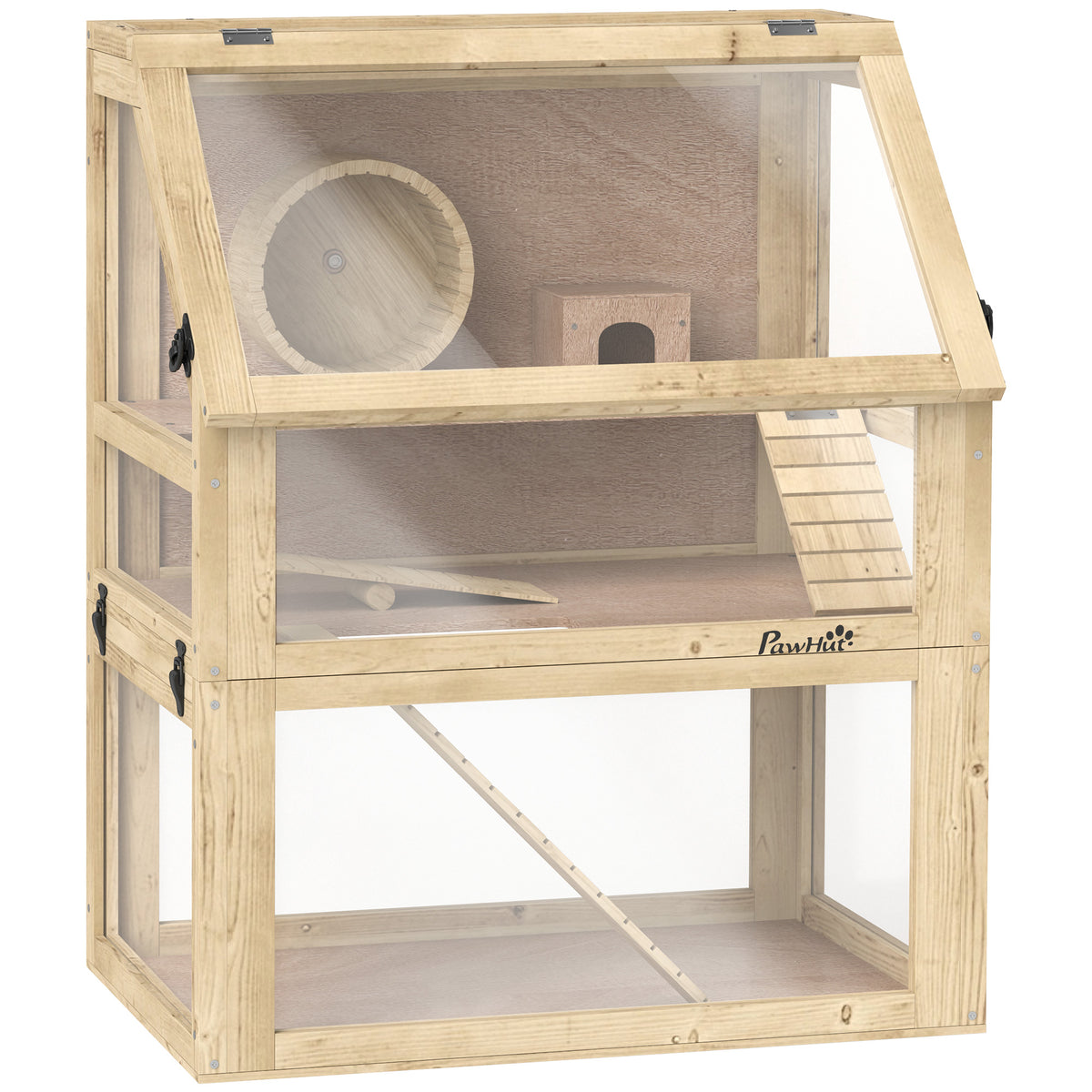 Cage Hamster Rongeur à 3 Niveaux, Fond Amovible, Cabane, Balançoire, 60x40x75cm, Finition Bois Naturel-0