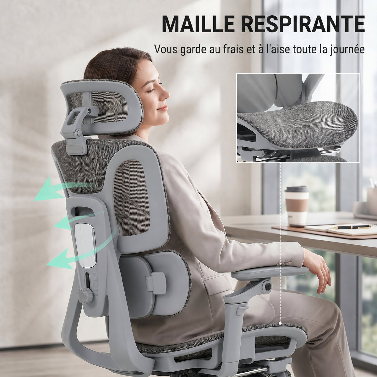 Chaise Bureau Ergonomique avec Accoudoirs 6D Appui-Tête et Profondeur d'Assise Réglables Maille Gris-8