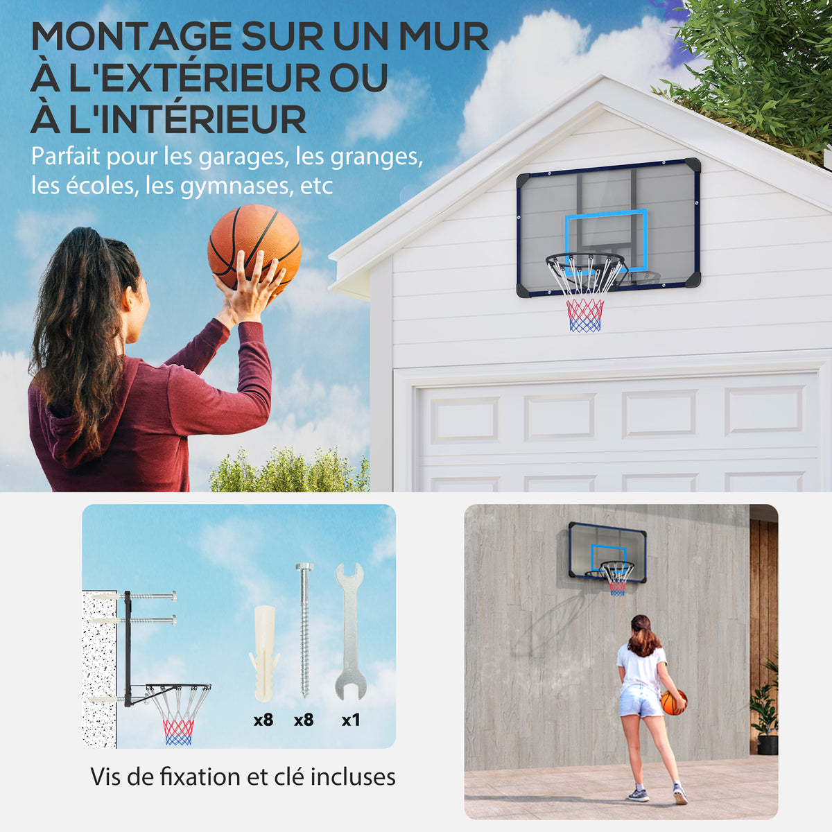 Panier de basketball mural panier spécial - 113L x 73H cm - filet toutes saisons pour l'intérieur et l'extérieur-3