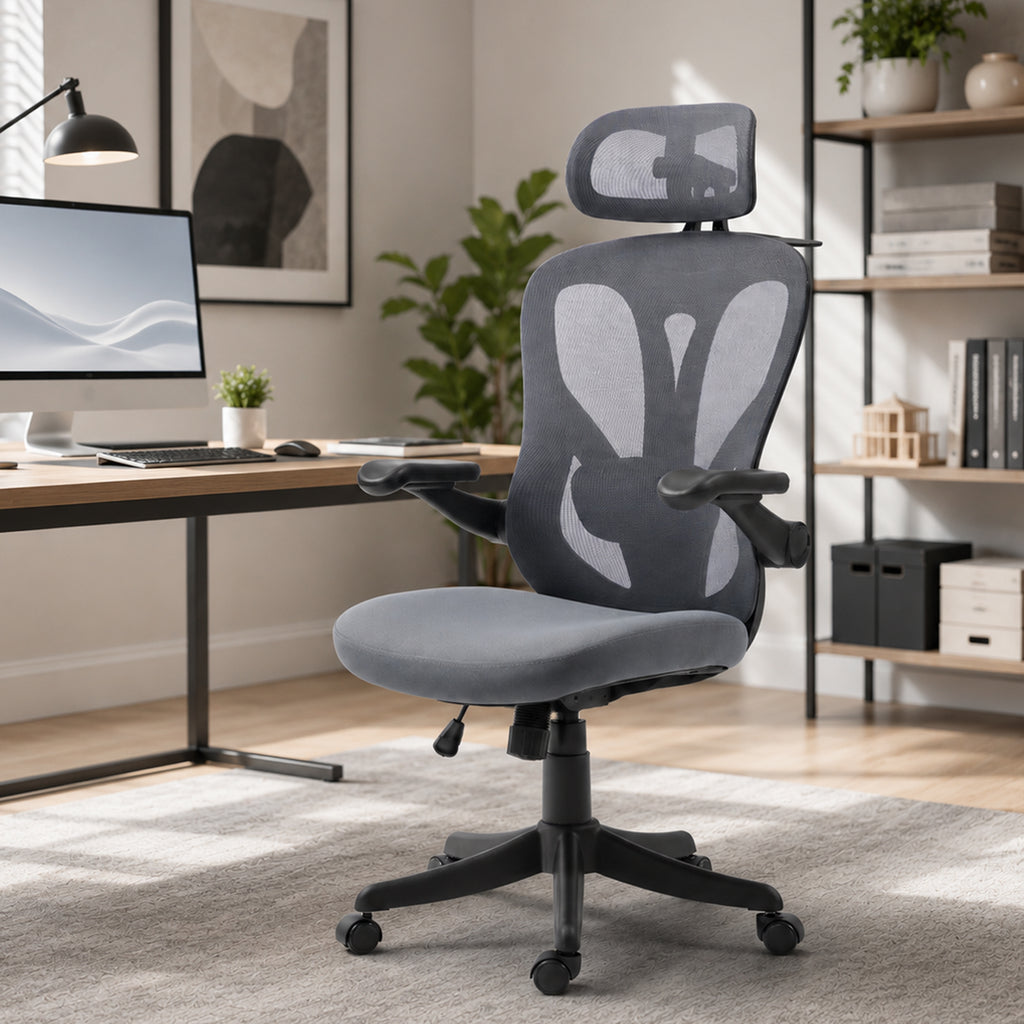 Chaise Bureau Ergonomique avec Accoudoirs 3D et Appui-Tête 2D, Fauteuil de Bureau en Maille, Support Dorsal, Gris-1