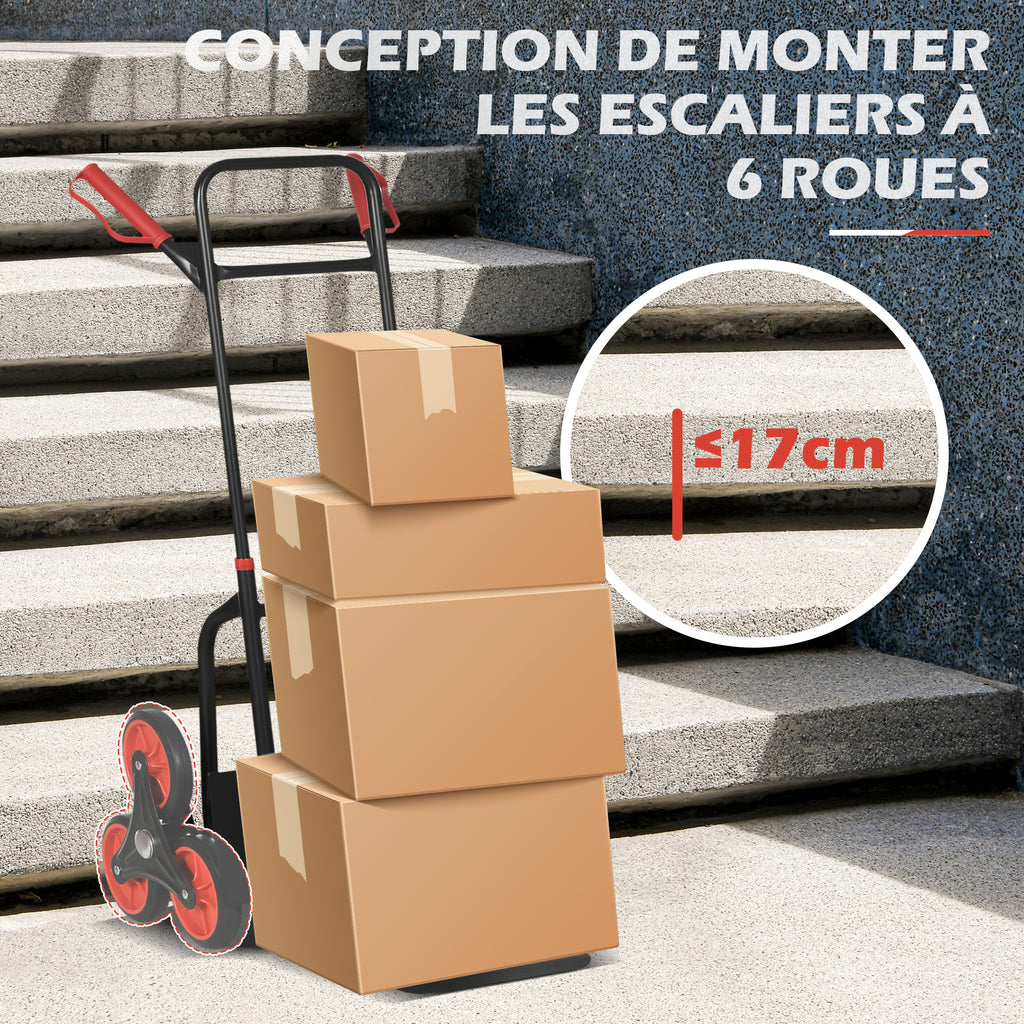 Diable d'escalier pliable 120 kg 6 roues, diable demenagement en acier avec cordes télescopiques, 44x67x106,5cm, rouge-4