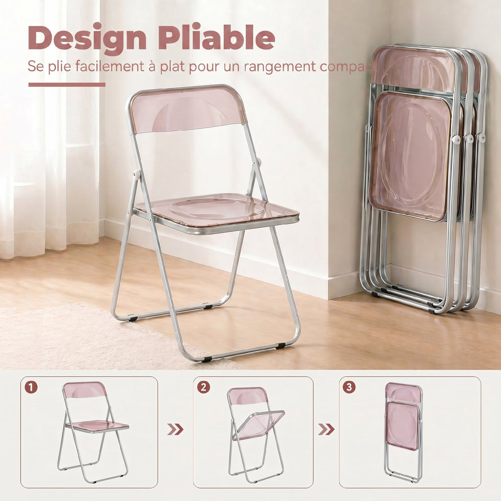 Lot de 4 chaises pliantes en acrylique et acier, chaises pliantes portables pour maison, salle à manger, roses-4