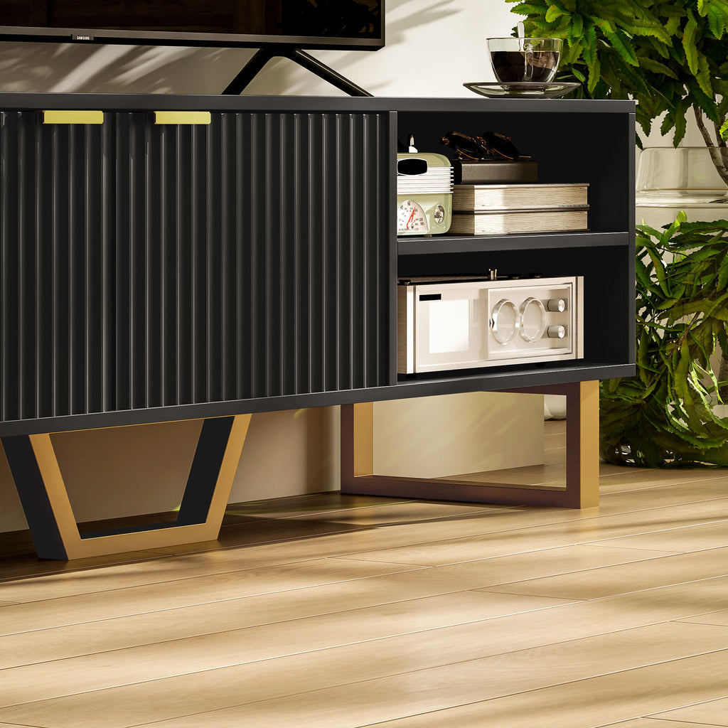 Meuble TV banc TV pour téléviseur jusqu'à 70 pouces - placard à 2 portes cannelées, compartiment ouvert et passe-câbles-8