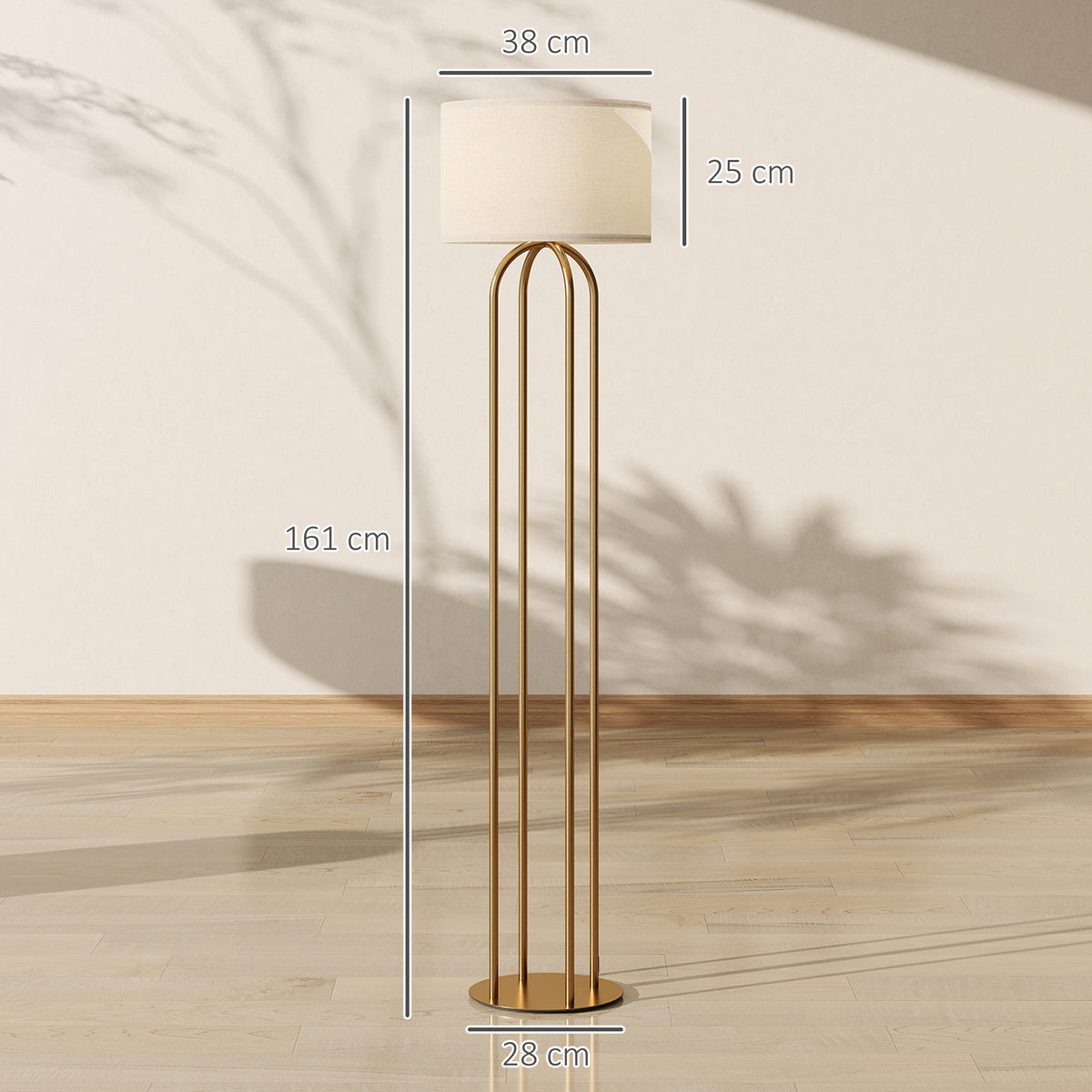 Lampadaire sur pied de salon, lampe sur pied avec abat-jour en lin et interrupteur à pied, Ø 38 x 161 cm, doré et beige-2