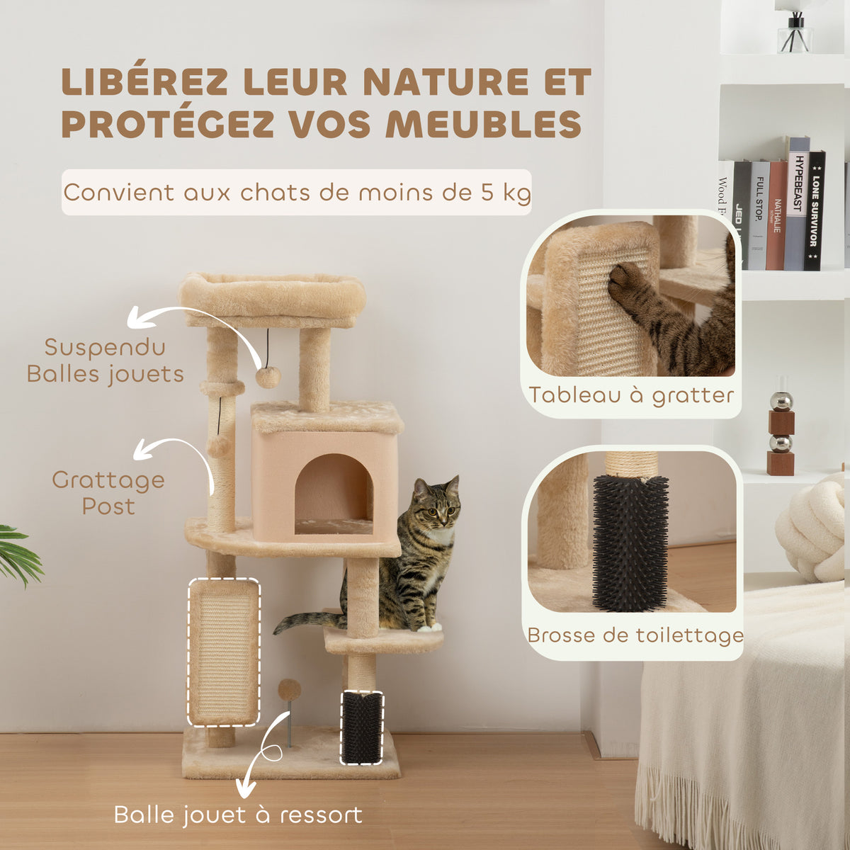 Arbre à Chat, Tour de Jeux, Hauteur de 104 cm, avec Lit, Maison, Brosse de Toilettage, 44l x 34P x 104H cm, Beige-4