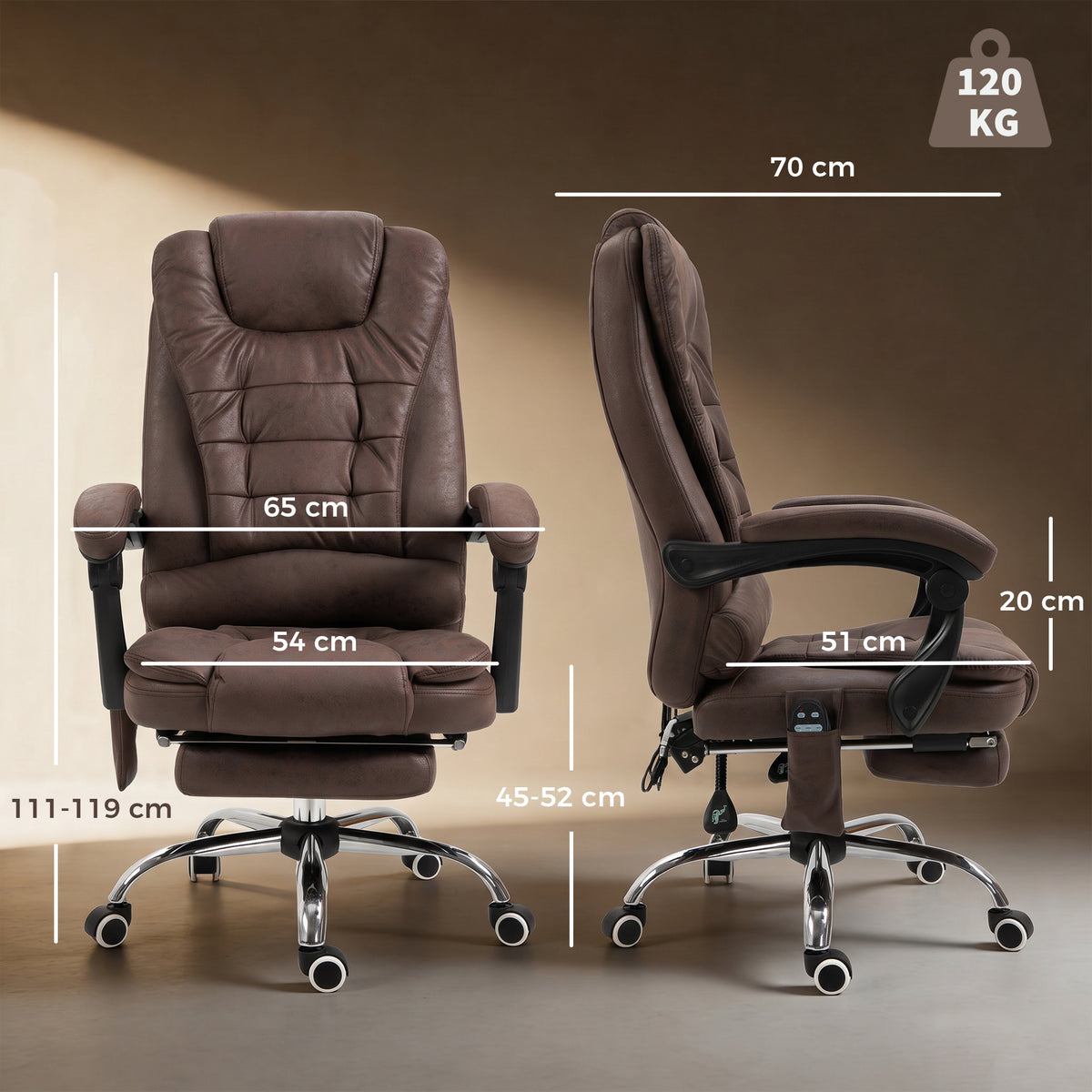 Fauteuil de bureau direction massant chauffant hauteur réglable dossier inclinable toile de microfibre marron-2