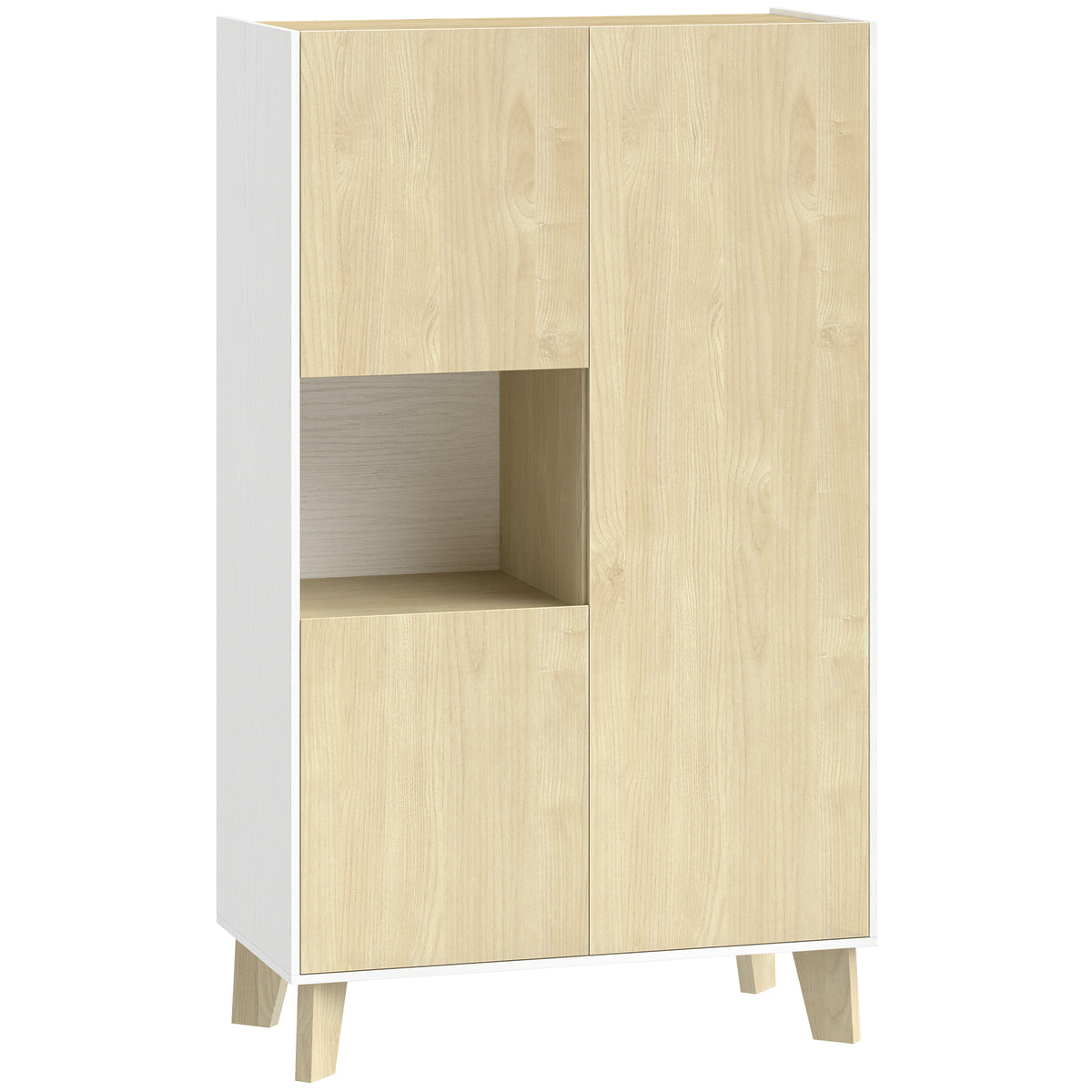 Buffet salon, meuble de rangement à 6 compartiments et portes à fermeture amortie, 80x40x135cm, blanc et bois naturel-0