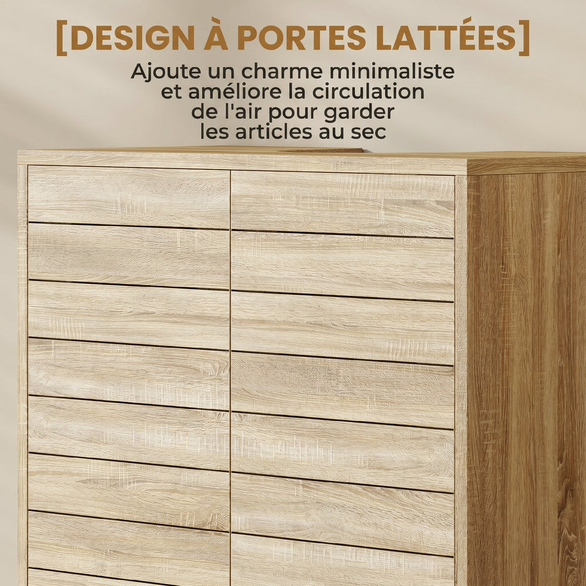 Meuble sous Lavabo, Découpe en Forme U, Portes à Lattes, Étagère Réglable, Ouverture par Pression, 60x30x60cm, Naturel-4