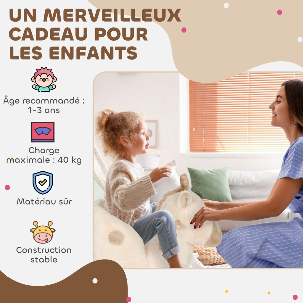 Cheval à bascule pour enfants girafe jouet à bascule bébé avec effet sonore, ceinture de sécurité, 68x35x50cm, beige-6