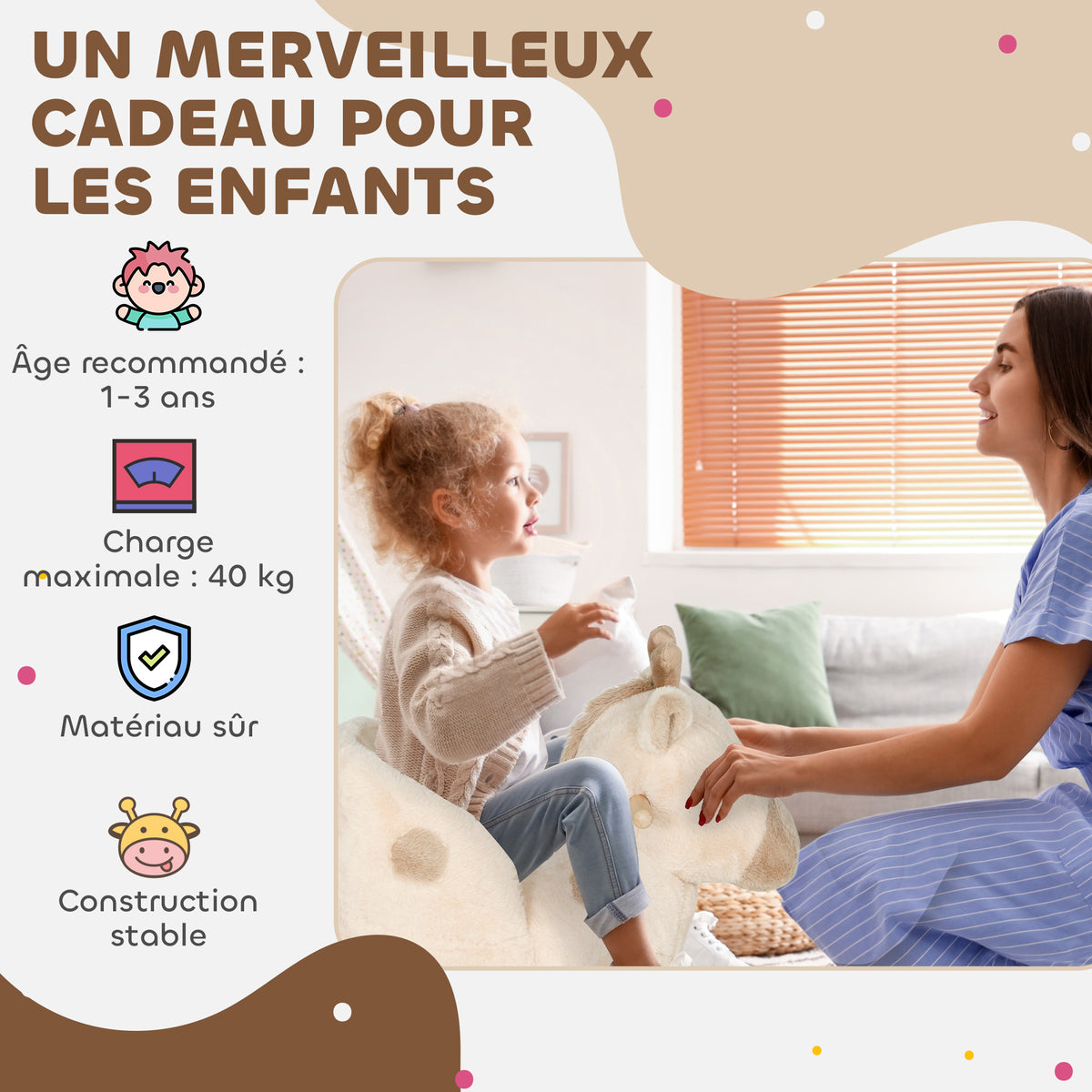 Cheval à bascule pour enfants girafe jouet à bascule bébé avec effet sonore, ceinture de sécurité, 68x35x50cm, beige-6