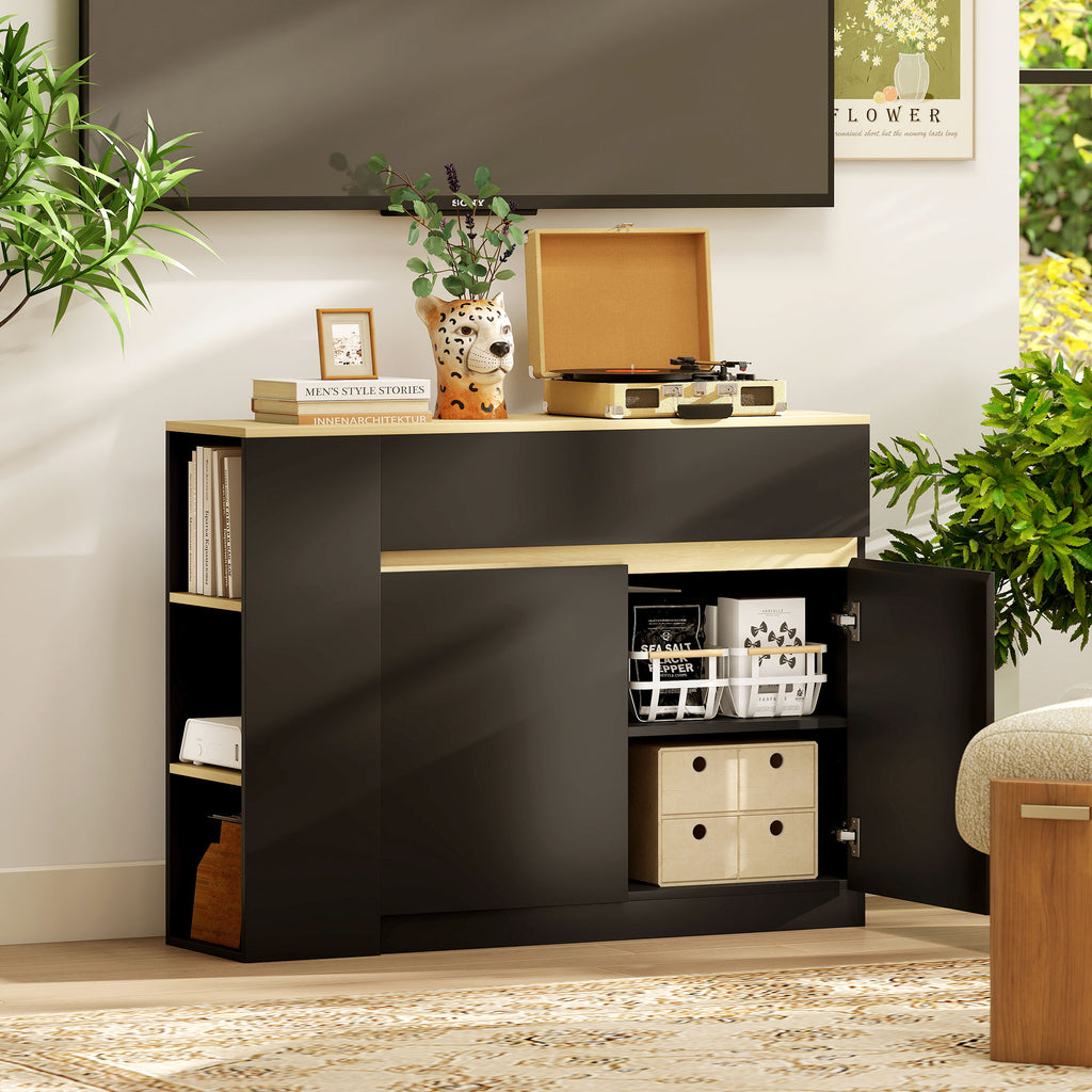 Buffet meuble de rangement avec 2 tiroirs 3 étagères ouvertes et placard 2 portes 110 x 29,5 x 82 cm noir-6