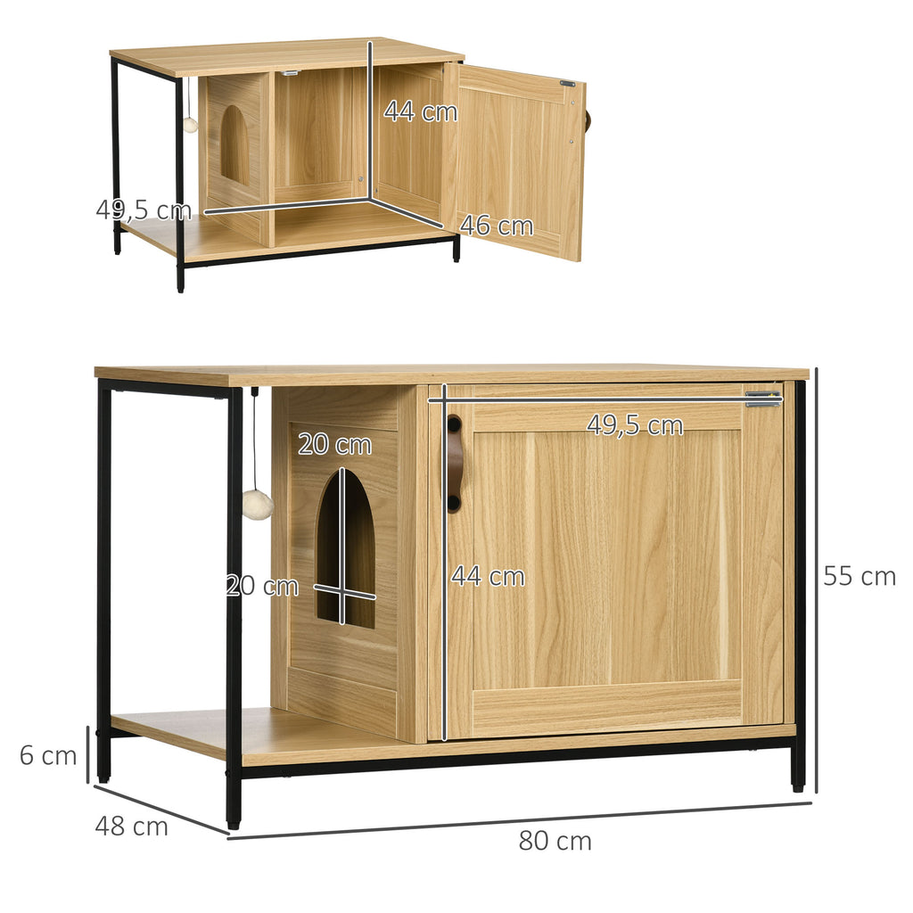 Maison de toilette pour chat style industriel porte entrée latérale boule suspendue châssis acier aspect bois clair-2