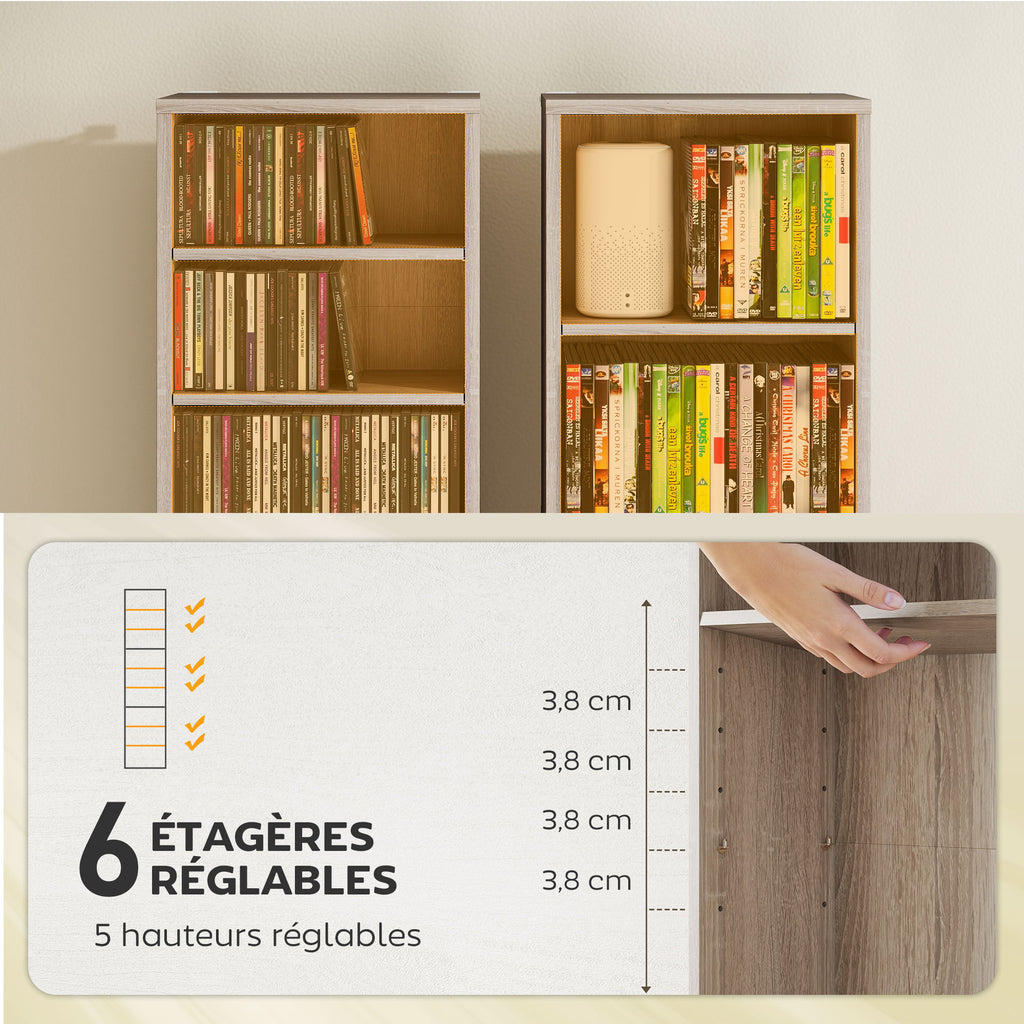 Rangements pour CD et DVD 9 compartiments et 6 étagères réglables capacité max. 260 CD/120 DVD 33 x 24 x 140 cm bois naturel-4