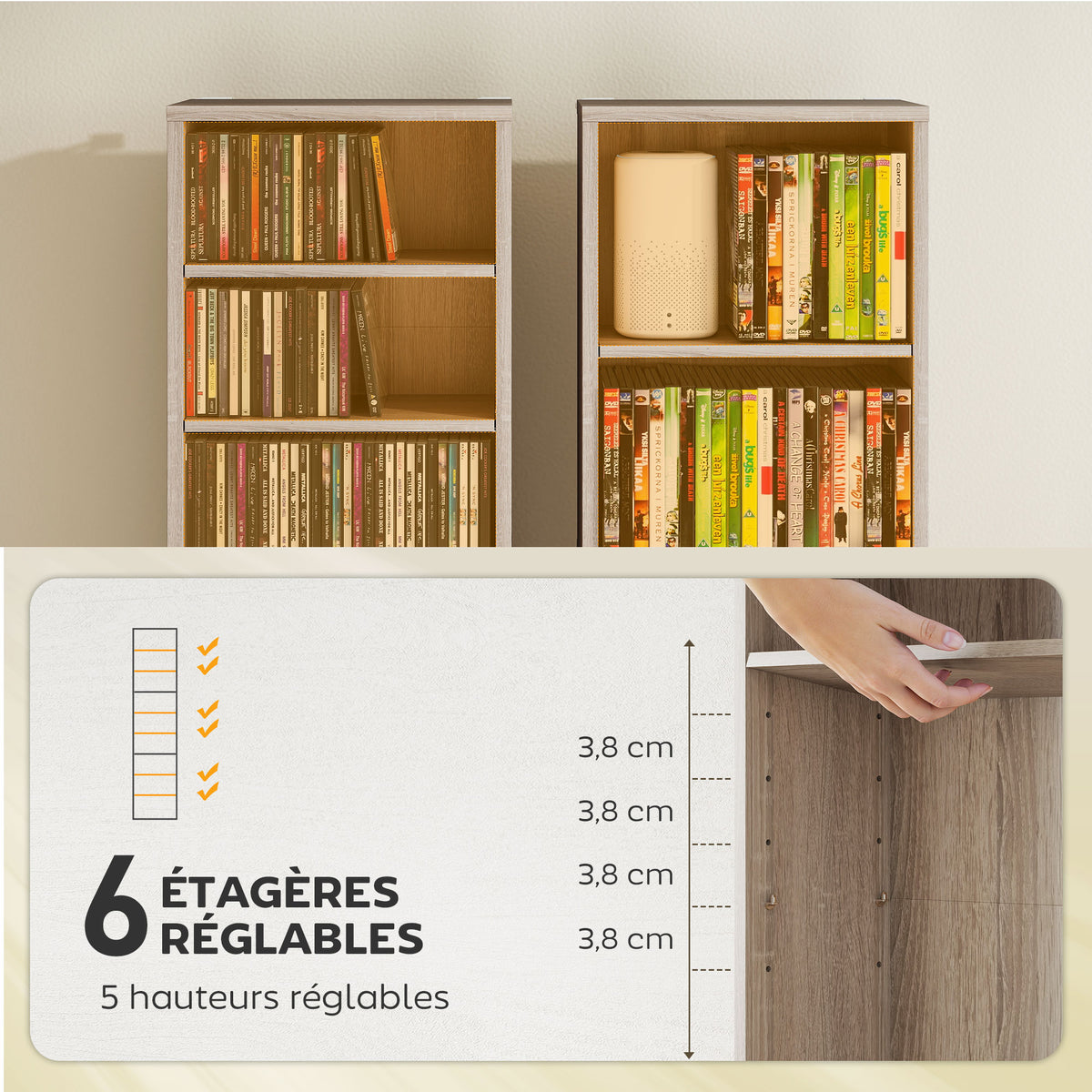 Rangements pour CD et DVD 9 compartiments et 6 étagères réglables capacité max. 260 CD/120 DVD 33 x 24 x 140 cm bois naturel-4