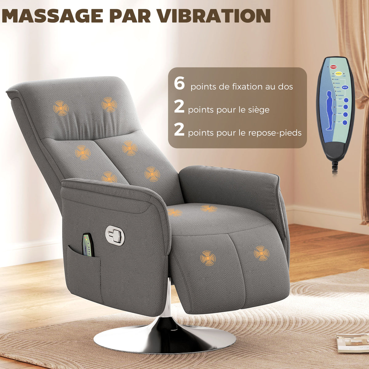 Fauteuil relax massant fauteuil de relaxation inclinable pivotant dossier et repose-pieds réglable 68,5x77x117cm gris-3