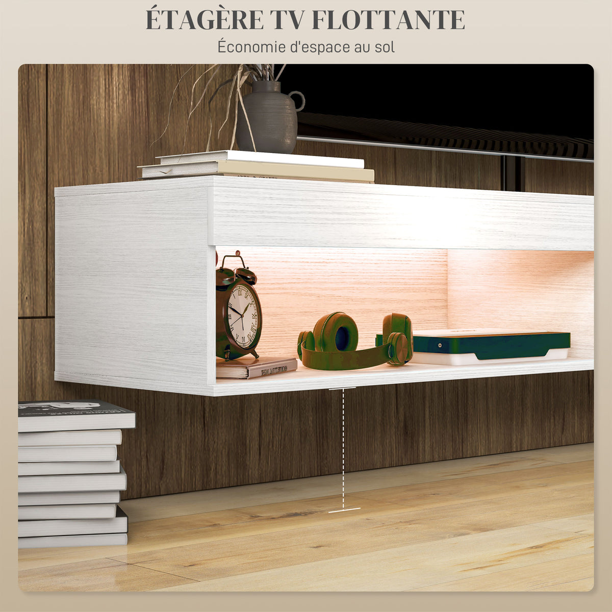 Meuble TV suspendu mural avec éclairage LED pour téléviseurs jusqu'à 75 pouces, étagères, 180L x 40l x 30H cm, blanc-3