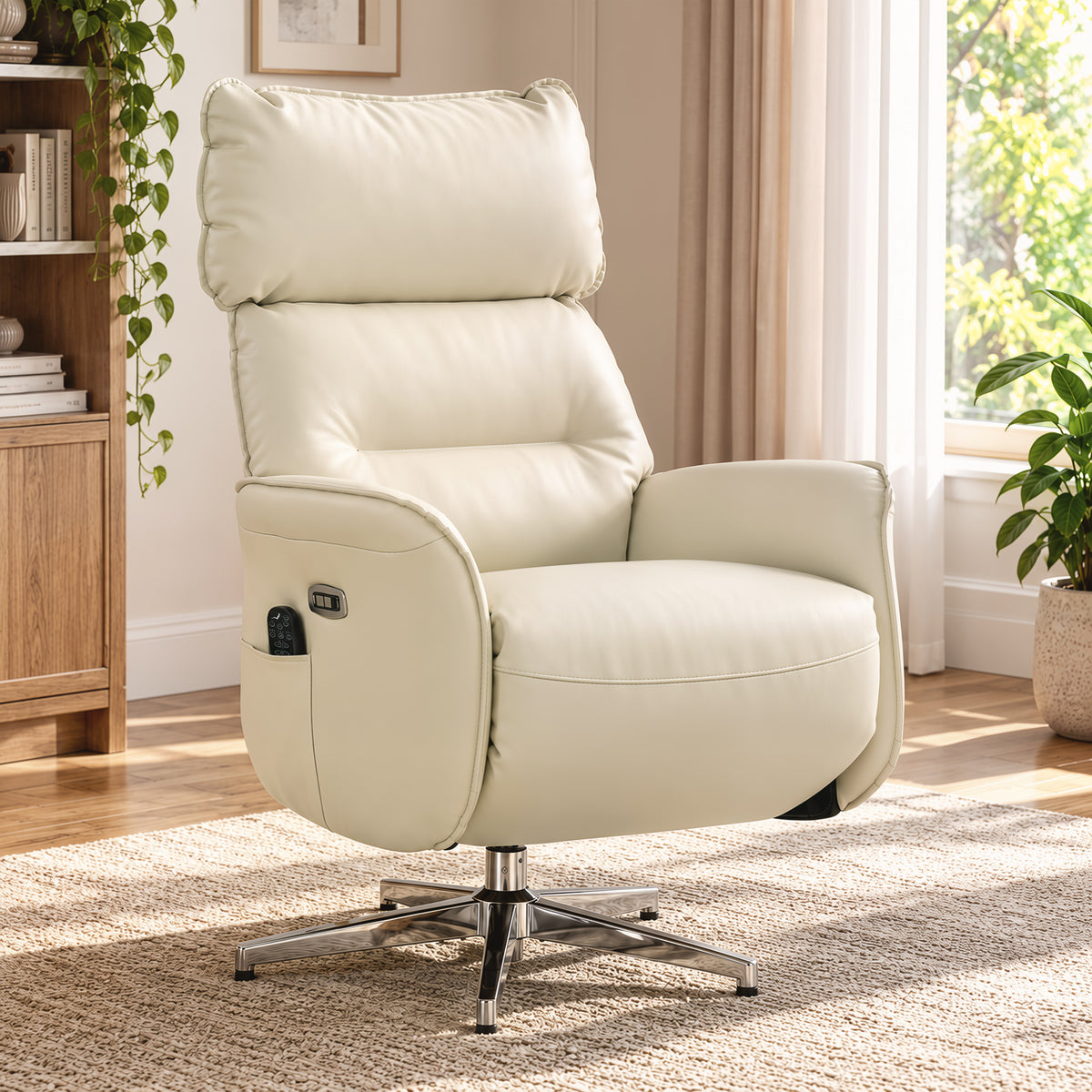 Fauteuil Relax Électrique Pivotant Massant et Chauffant Fauteuil Inclinable en PU Hauteur Réglable Double Moteur Crème-1