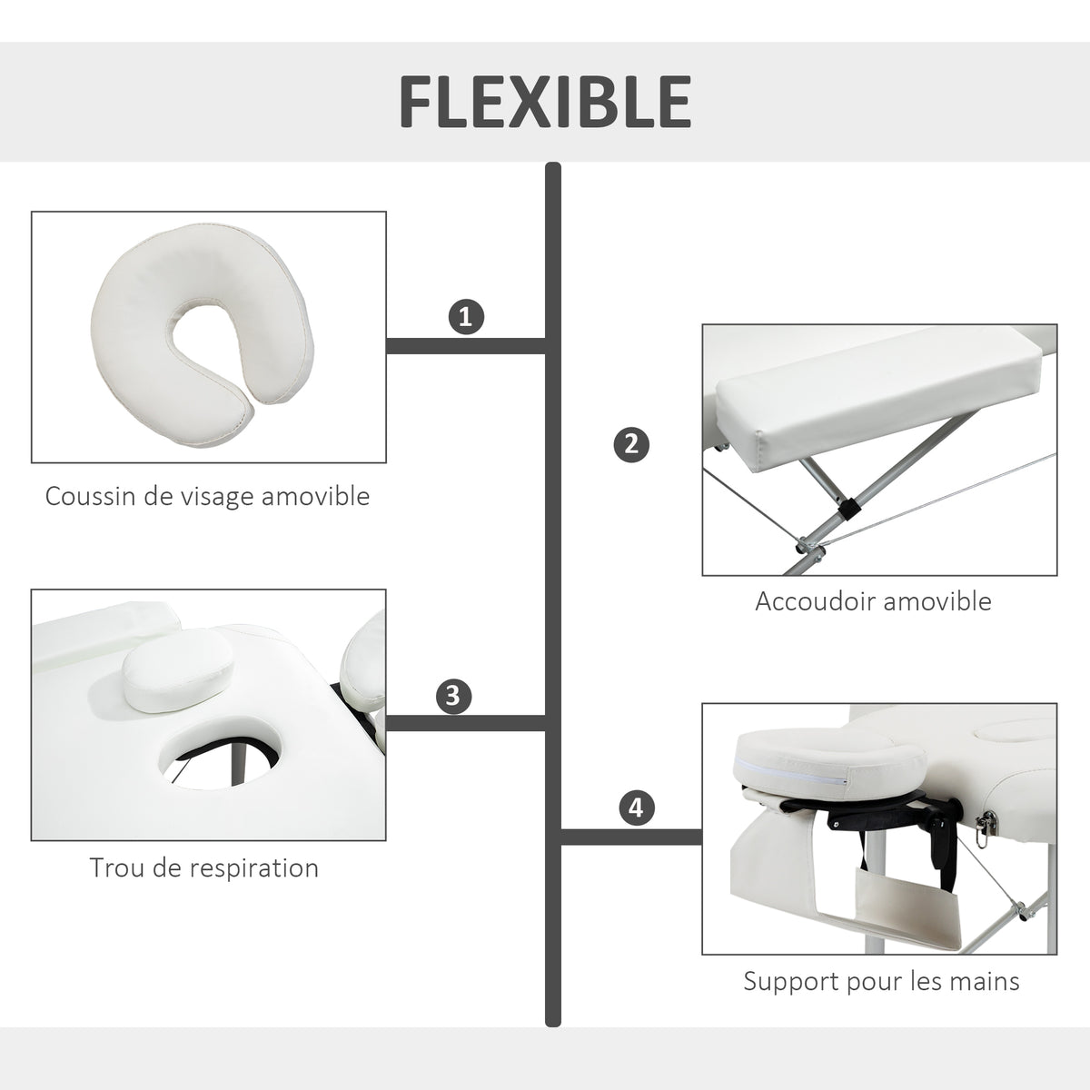 Table de massage 3 zones pliante cosmétique portable charge max. 225 Kg hauteur réglable cadre en alliage blanc-4