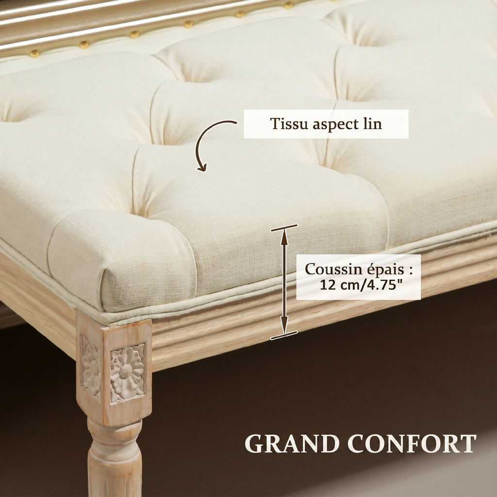 Banc Banquette classique capitonné 115cm bout de lit Rembourrée en lin - bois d'hévéa sculpté, patiné - crème-5