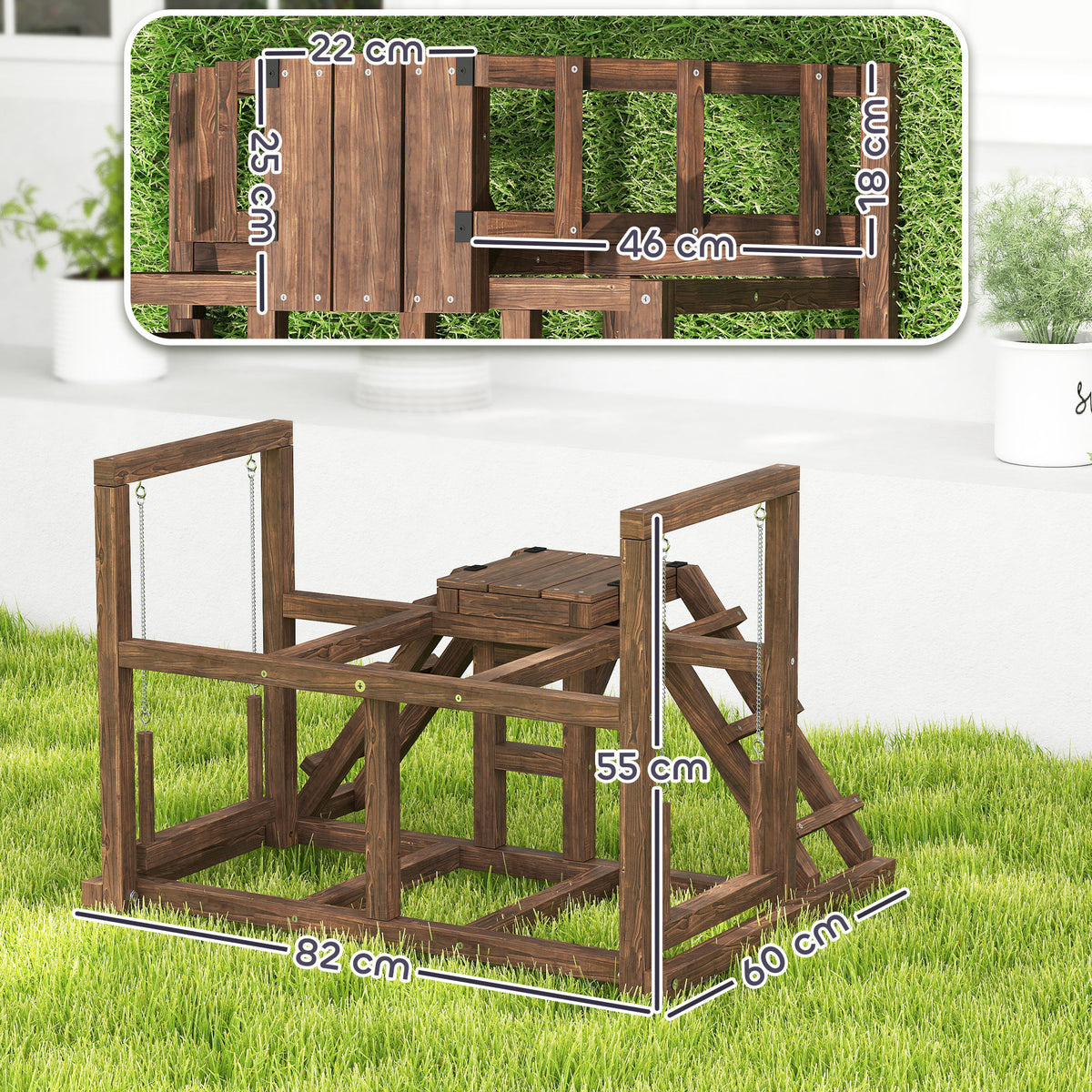 Aire de jeux en bois, Perchoir en bois pour poule, avec balançoire, échelle, plateformes, 82 x 60 x 55 cm, marron-2
