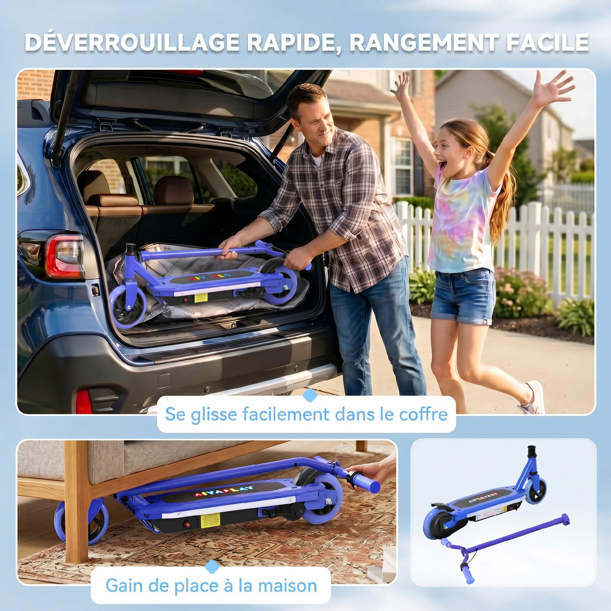 Trottinette électrique pour enfants 6-14 ans, vitesse maximale 10 km/h, lumières LED colorées, frein électrique, bleu-6