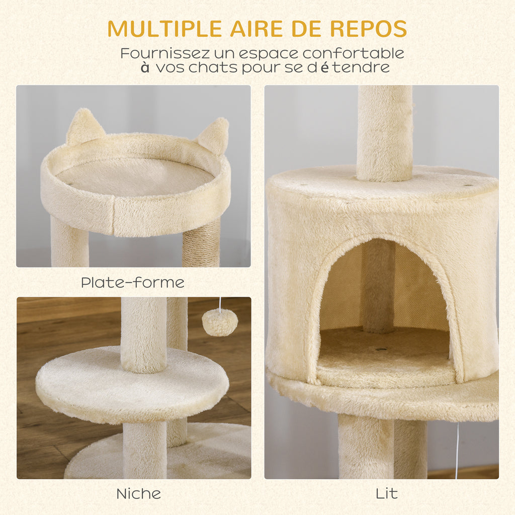 Arbre à chats multi-équipements griffoirs grattoirs plateformes niche jeu boule suspendue Ø 48 x 104H cm crème-3