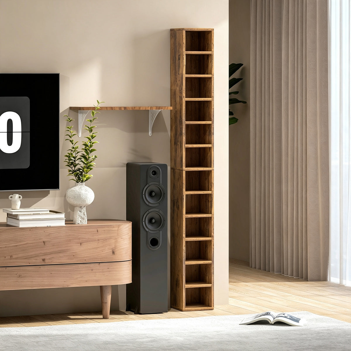Rangements pour CD et DVD avec 12 compartiments, capacité max. 204 CD, 21 x 20 x 175 cm, brun rustique-1