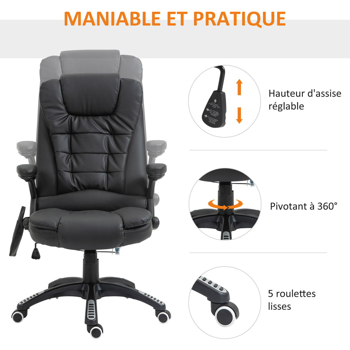 Fauteuil de bureau massant et chauffant électrique fauteuil bureau ergonomique revêtement synthétique noir-4