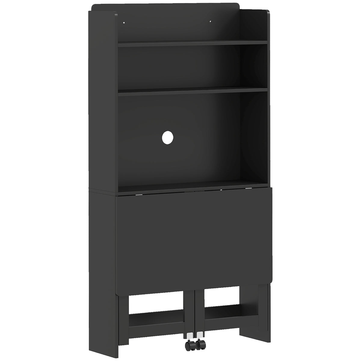 Bureau Informatique avec Étagères de Rangement, Plateau Rabattable, 2 Roulettes, pour Chambre, Salon, 80x69x155cm, Noir-0