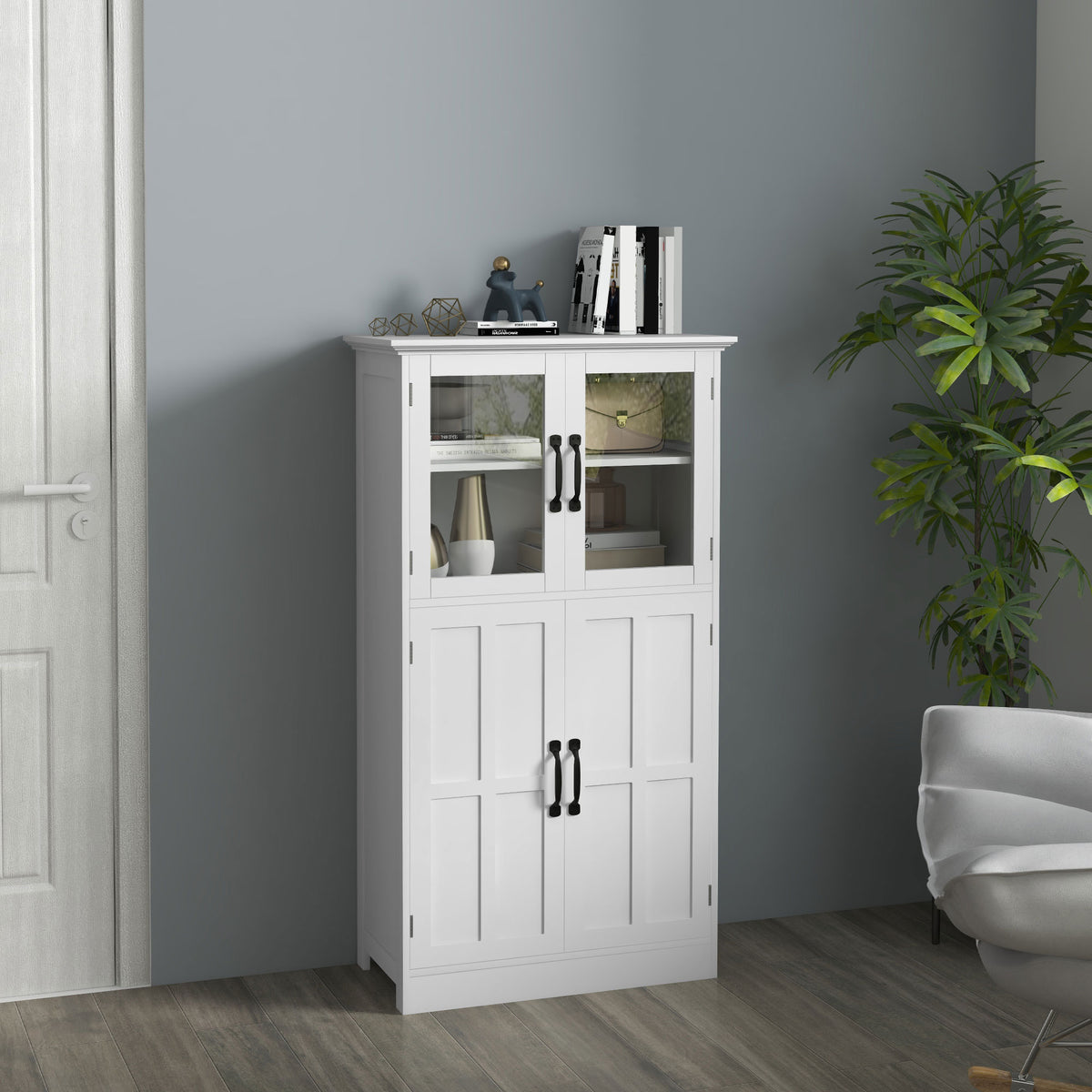 Buffet de cuisine armoire multi-rangements 2 placards, portes en verre, 4 étagères en bois blanc-1