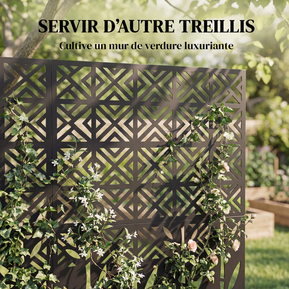 Panneau Brise Vue décoratif Extérieur Claustra Décoratif Jardin 3 Panneaux à motif géométrique métal 92x40x192cm Noir-4