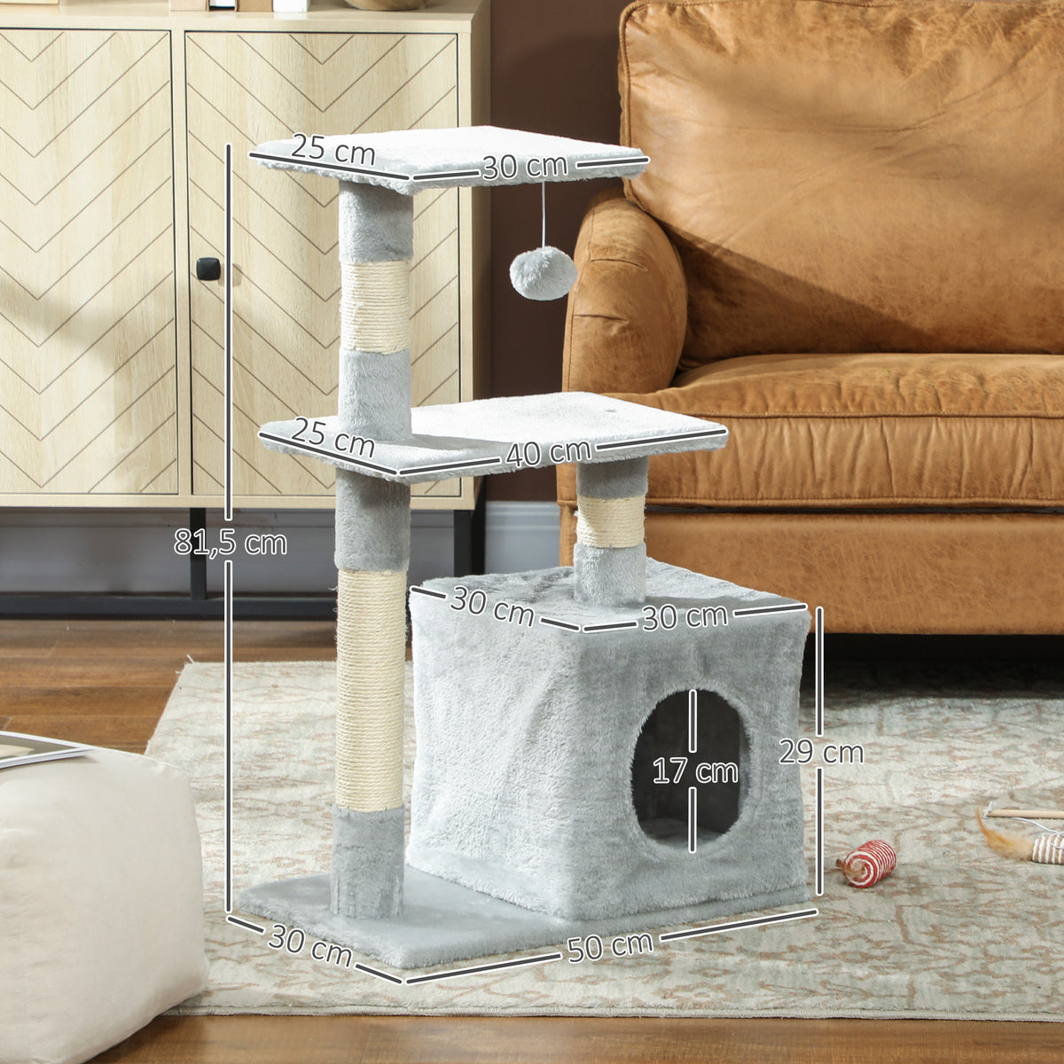 Arbre à chat tour de jeux pour chats poteaux en sisal, 2 plate-forme, niche, balle, tissu peluche, 50x30x81,5cm, gris-2