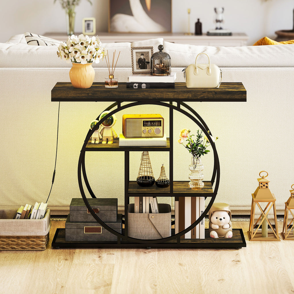 Console meuble avec éclairage LED 100 cm, table console à 4 niveaux avec étagères ouvertes, marron rustique et noir-7