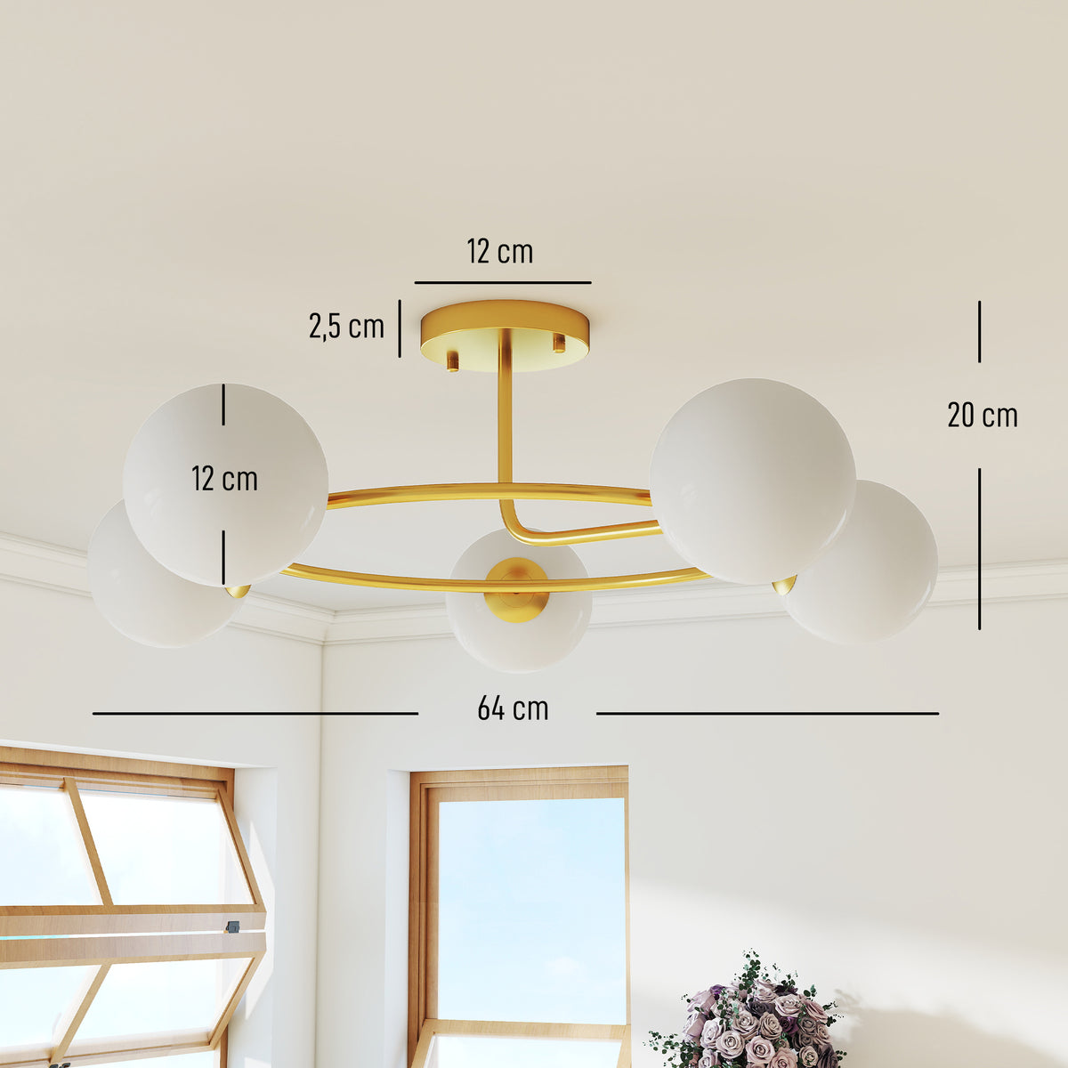 Plafonnier lustre moderne, luminaire plafonnier à 5 lumières avec culot G9, montage semi-affleurant, doré et blanc-2