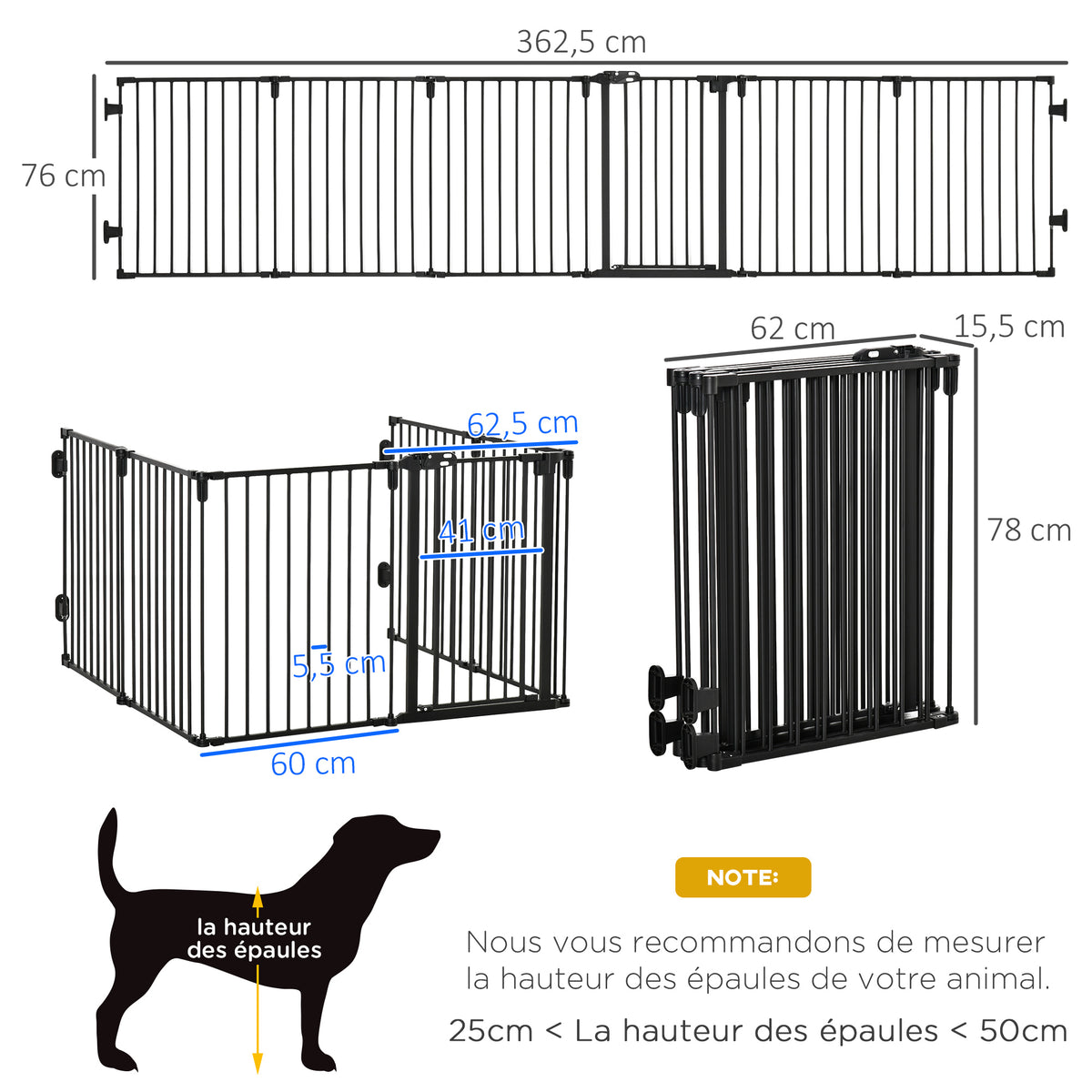 Barrière de sécurité barrière de protection cheminée parc enclos chien pliable modulable 6 panneaux avec porte sans perçage 362,5 x 76 cm noir-2
