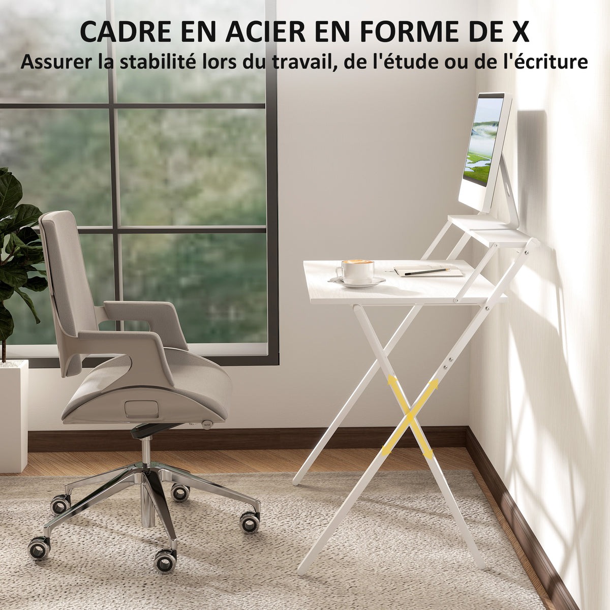 Bureau pliable 75,5 x 50 cm avec étagère de rangement pour chambre, petits espaces, blanc-5
