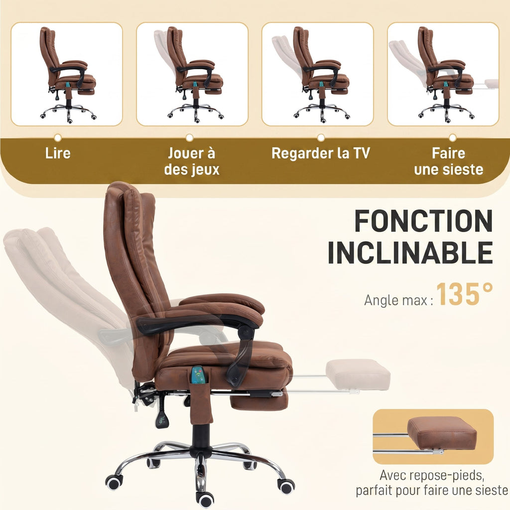 Fauteuil de bureau massant et chauffant avec hauteur réglable, dossier inclinable, repose-pied et télécommande, marron-7