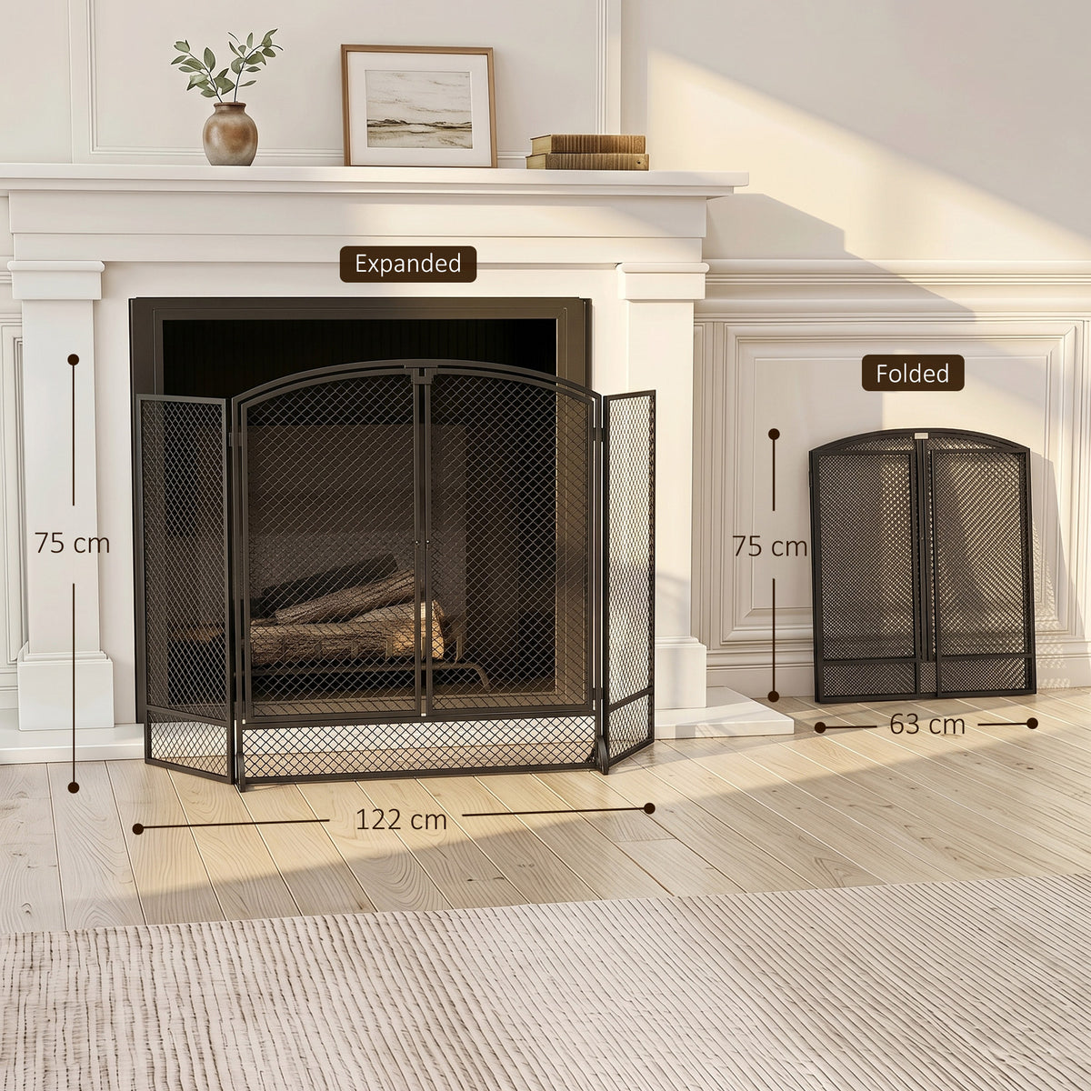 Pare-feu de Cheminée Pliable 3 Panneaux, 2 Portes, Style Moderne, Pare-Étincelles Cheminée en Métal, 122x10x75cm, Noir-2