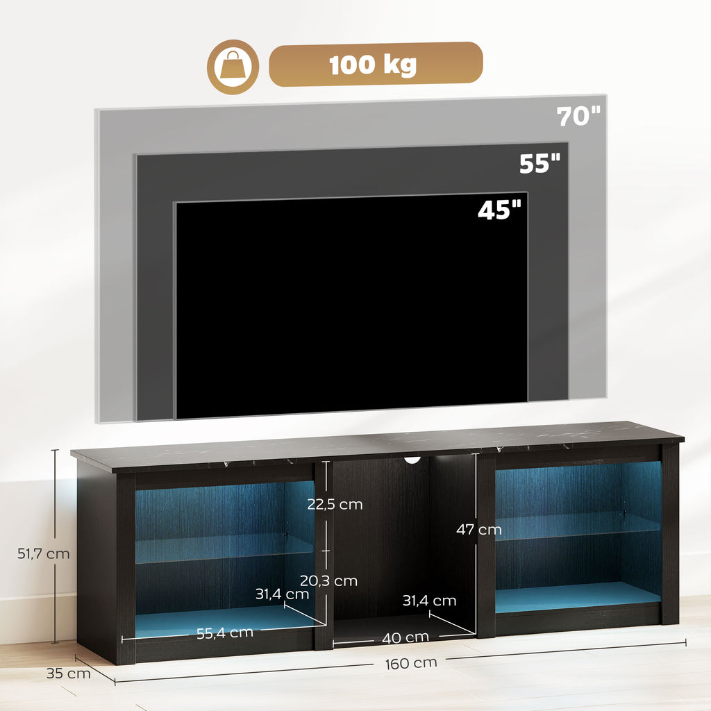 Meuble TV avec éclairage LED pour télévision jusqu'à 70 pouces, 160cm avec étagères en verre réglables, noir-2