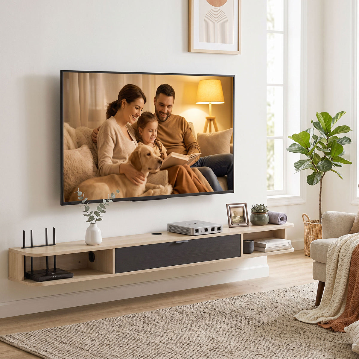 Meuble TV suspendu, meuble télé pour téléviseur jusqu'à 75 pouces, tiroir rabattable 2 étagères 180x24x16cm bois naturel-7