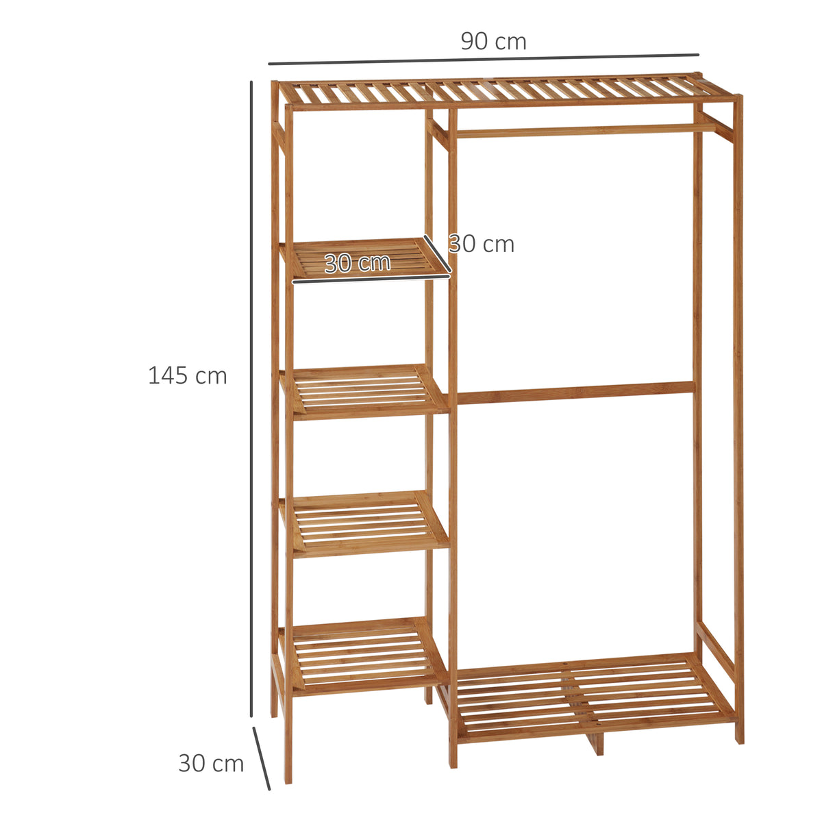 Portant à vêtements en bambou avec étagère de rangement à 6 niveaux et tringle de suspension, 90x30x145cm, bois naturel-2