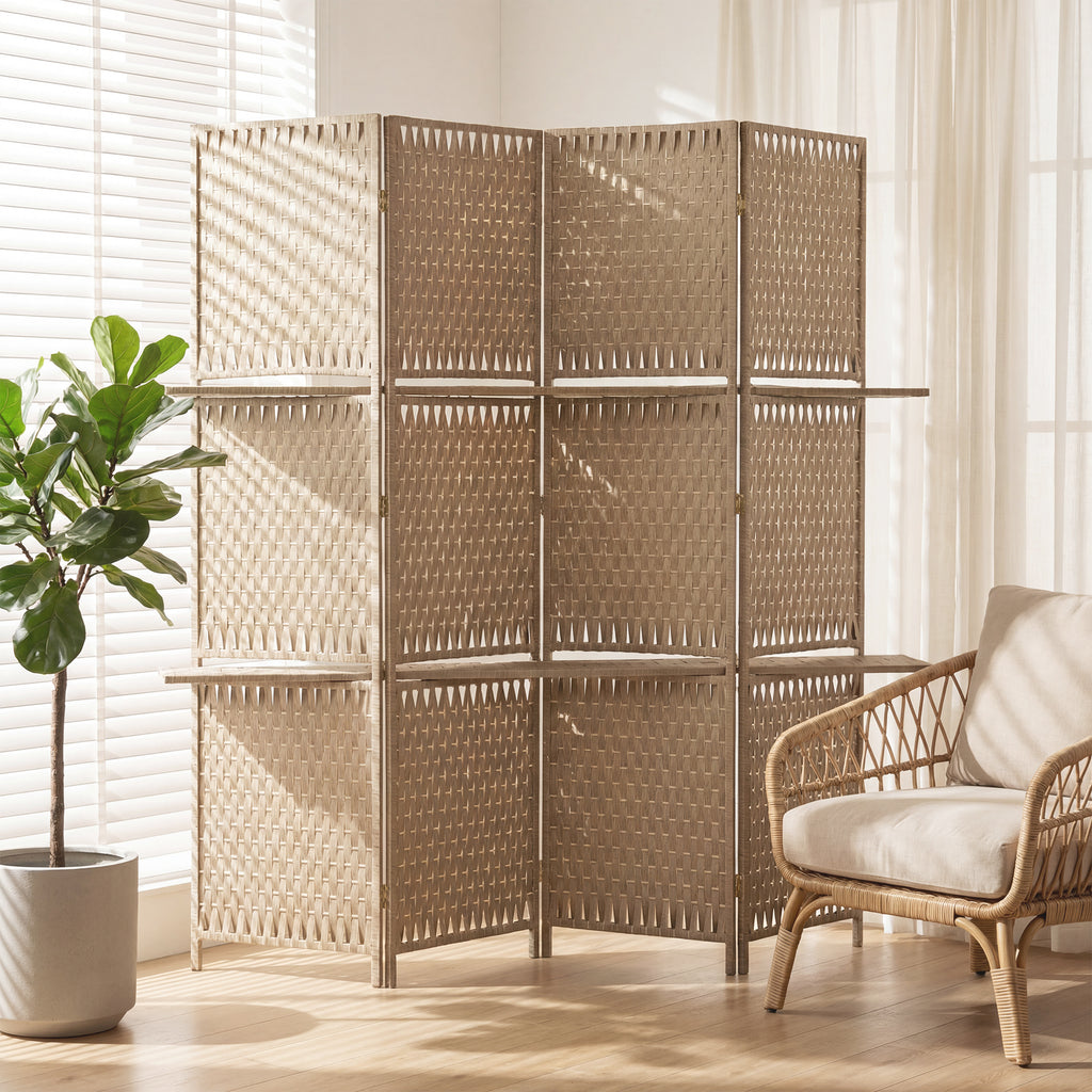 Séparateur de pièces 4 panneaux 2 étagères pliables naturel paille-1