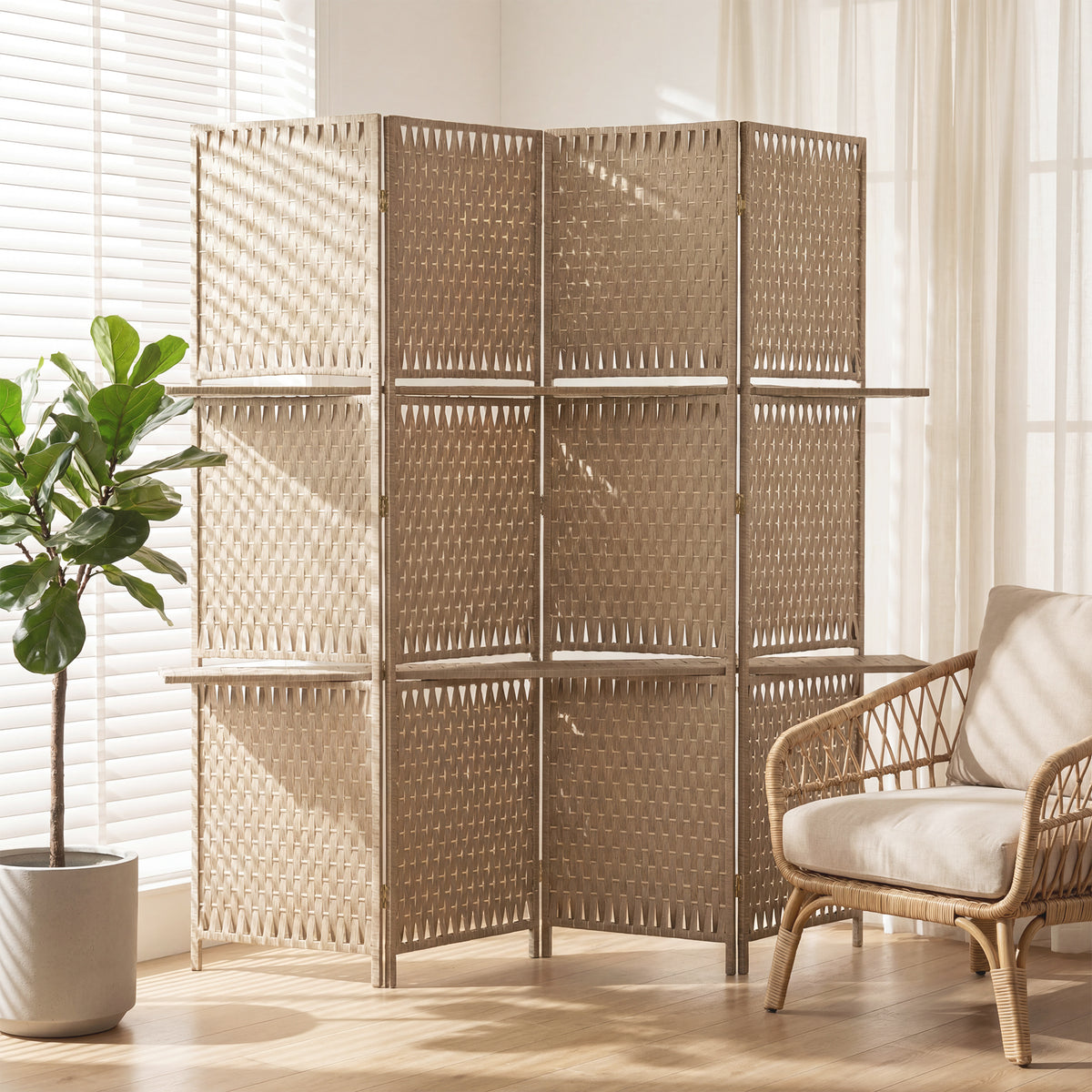 Séparateur de pièces 4 panneaux 2 étagères pliables naturel paille-1