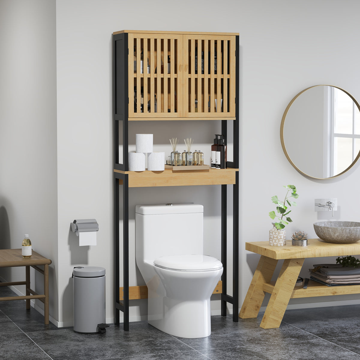 Étagère de toilettes meuble de salle de bain dessus toilette WC avec placard 2 portes et étagère ouverte bambou-1