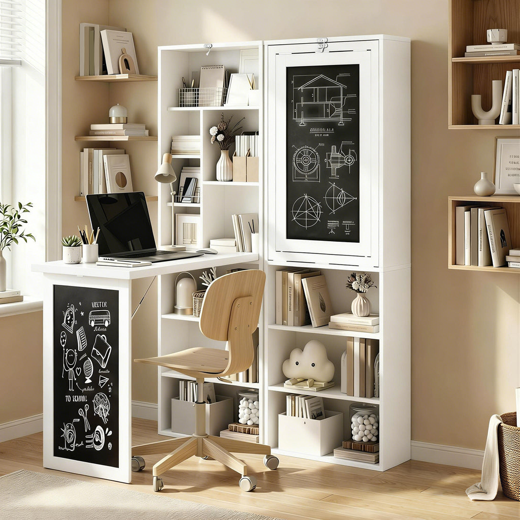 Bureau avec rangement pliable murale rabattable avec bibliothèque poste de travail tableau à craie et étagère réglable-1