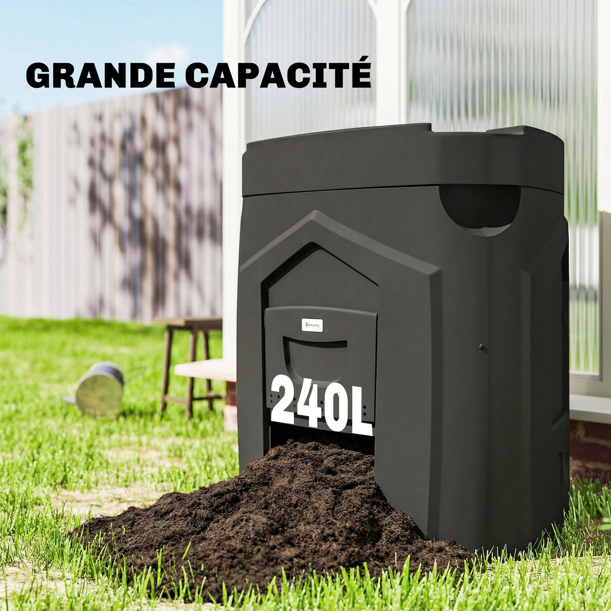 Composteur de jardin, 240L, bac à compost extérieur, en polypropylène, 3 Portes, 66 Aérations, 78 x 75 x 78 cm, Noir-5