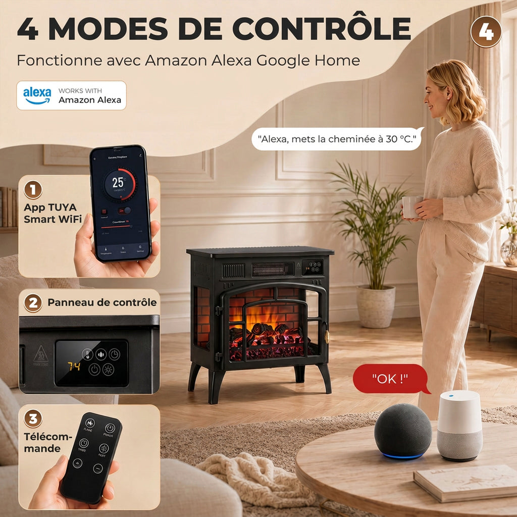 Cheminée Électrique Effet Flamme 3D Multicolore 1000W/2000W, Thermostat Réglable, Contrôle par Appli et Voix, Noir-4