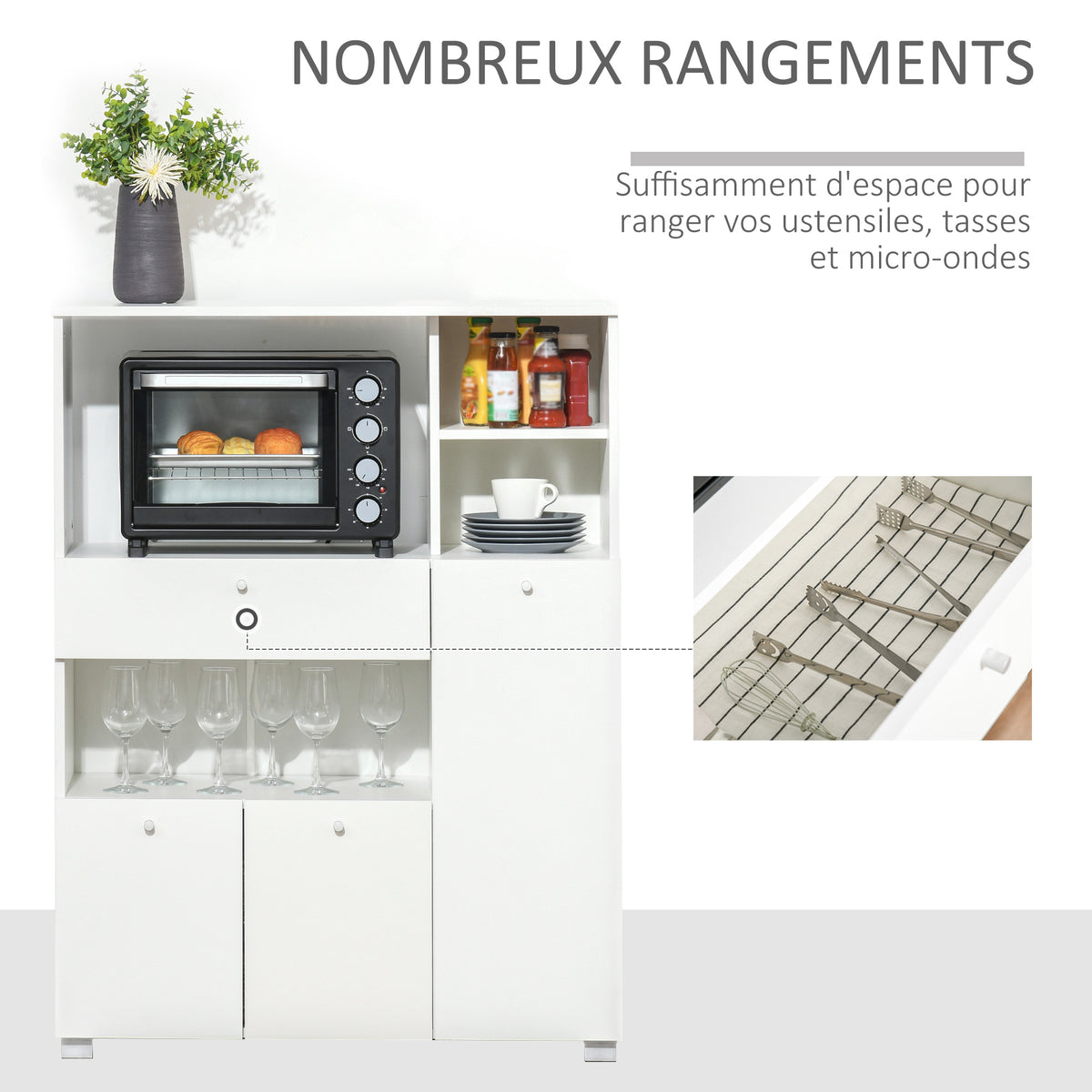 Meuble de micro-onde armoire cuisine meuble de rangement multi-rangements buffet avec 2 placards 4 niches tiroir coulissant dim. 90L x 40l x 120H cm en bois blanc-3