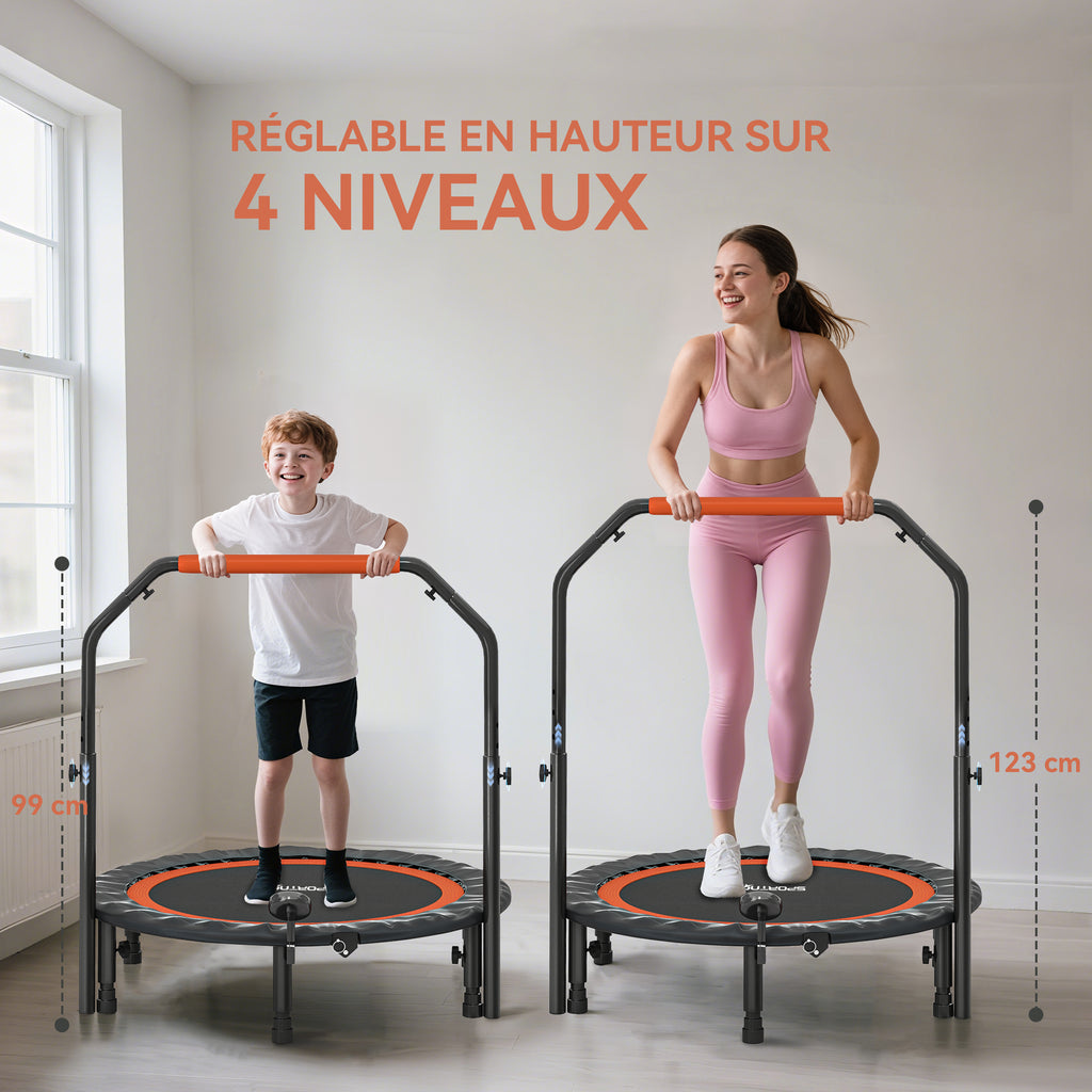 Trampoline de fitness gymnastique avec poignée réglable, pliable, 6 pieds, 28 ressorts Ø 102 cm, noir rouge-3